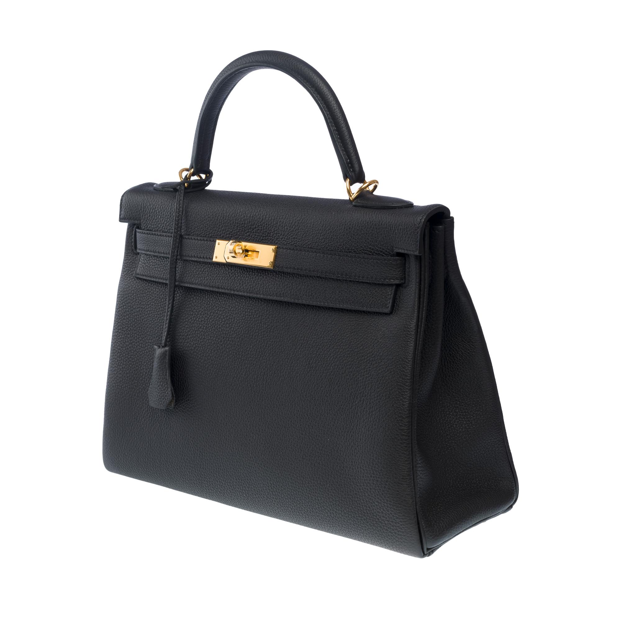 New Hermès Kelly 32 retourne handbag strap in Black Togo leather, GHW 1