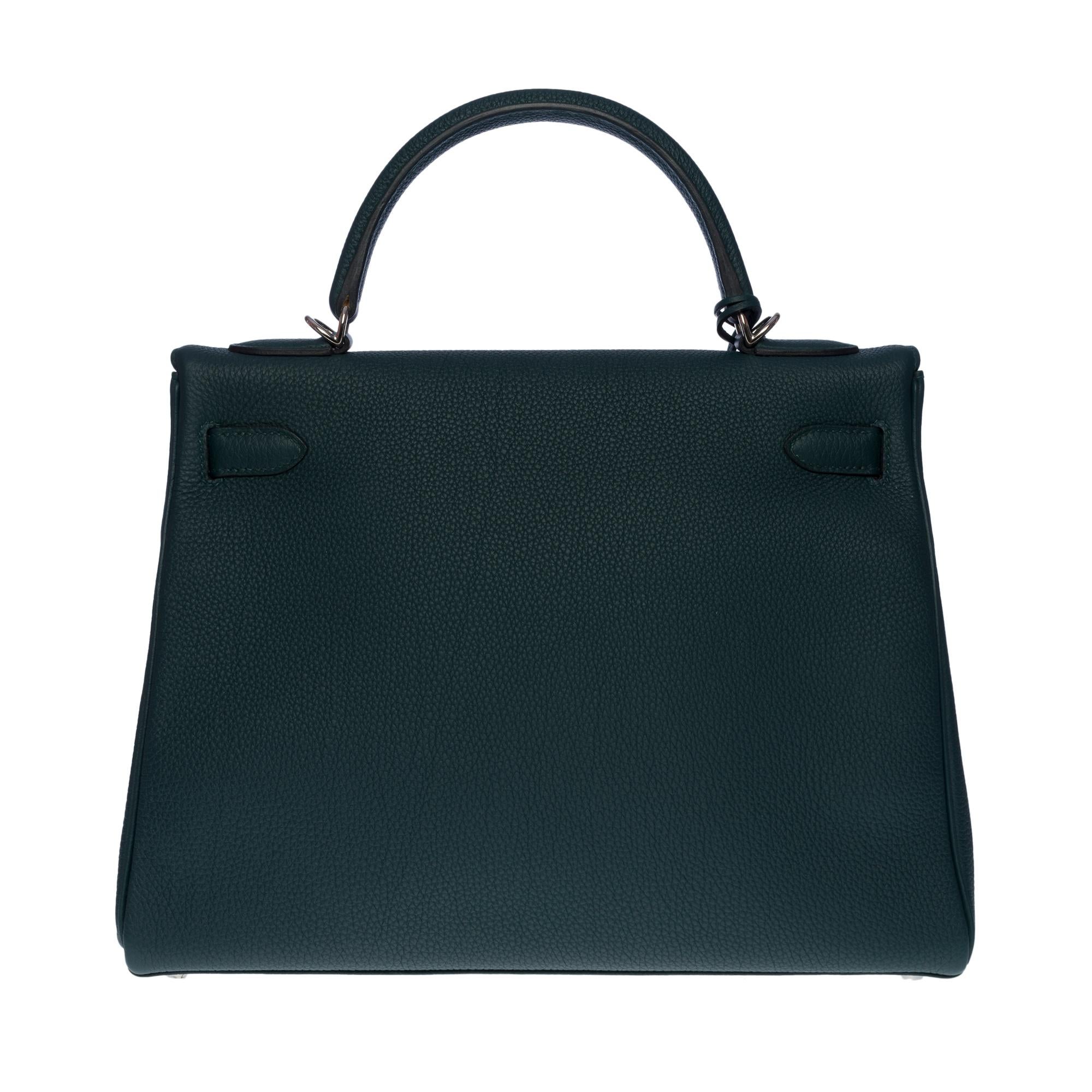 New Hermès Kelly 32 retourne handbag strap in Green Cypres Togo leather, SHW In New Condition In Paris, IDF