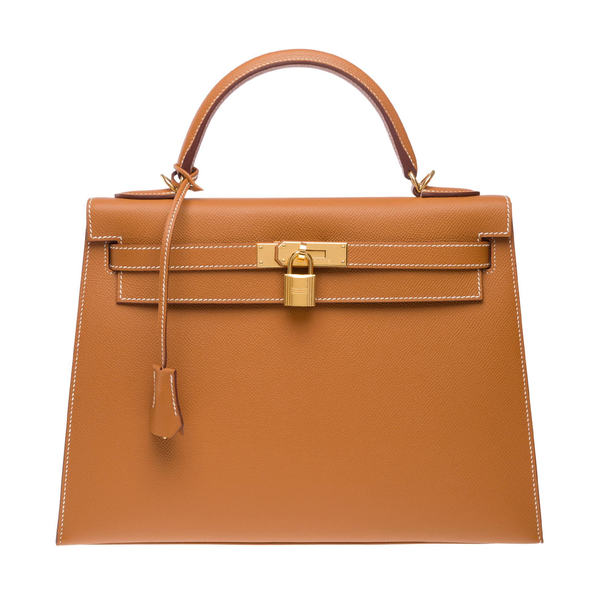 New Hermès Kelly 32 sellier handbag strap in Camel Epsom calf leather, GHW In New Condition For Sale In Paris, IDF