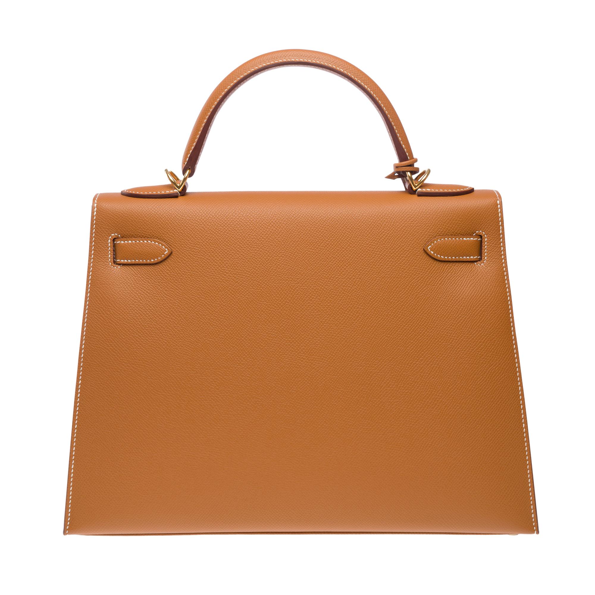 Women's New Hermès Kelly 32 sellier handbag strap in Camel Epsom calf leather, GHW For Sale