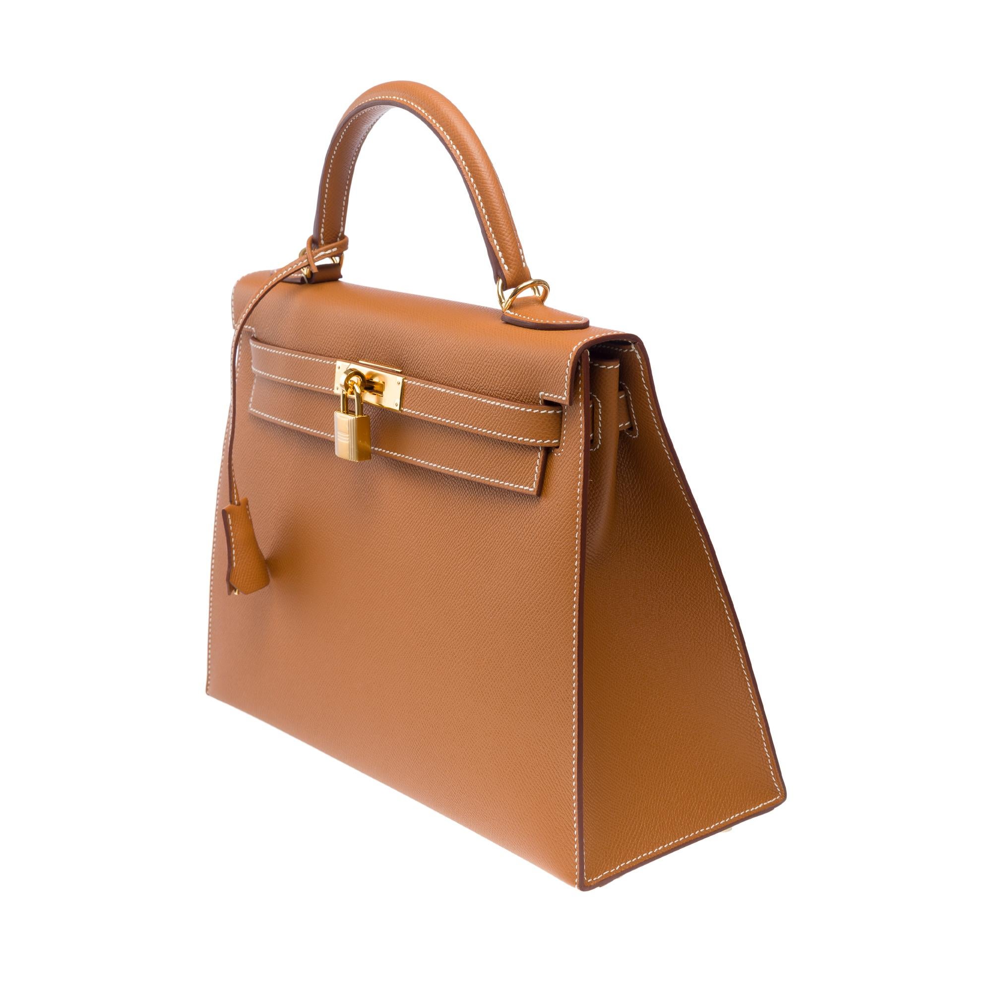 New Hermès Kelly 32 sellier handbag strap in Camel Epsom calf leather, GHW For Sale 1
