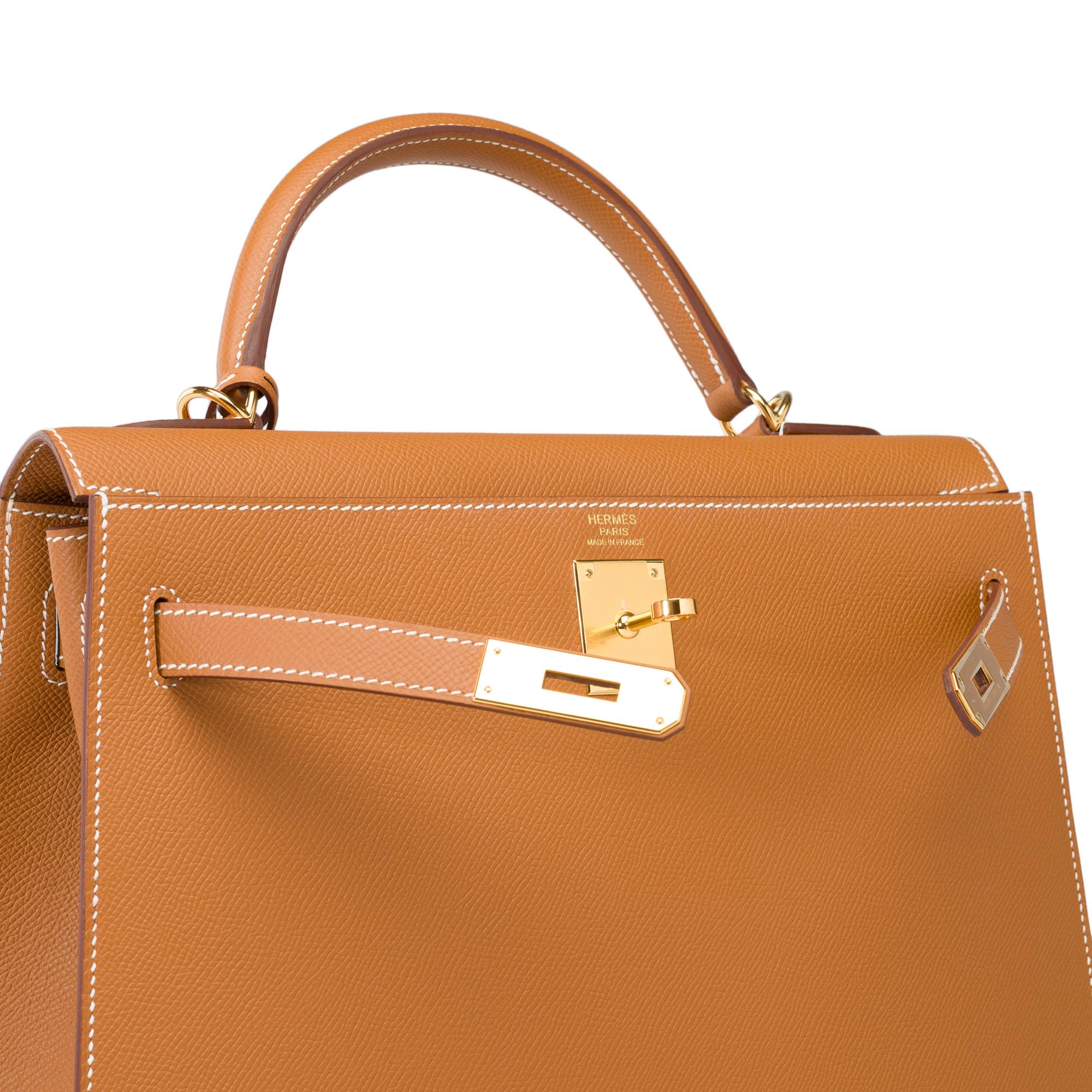 New Hermès Kelly 32 sellier handbag strap in Camel Epsom calf leather, GHW For Sale 3