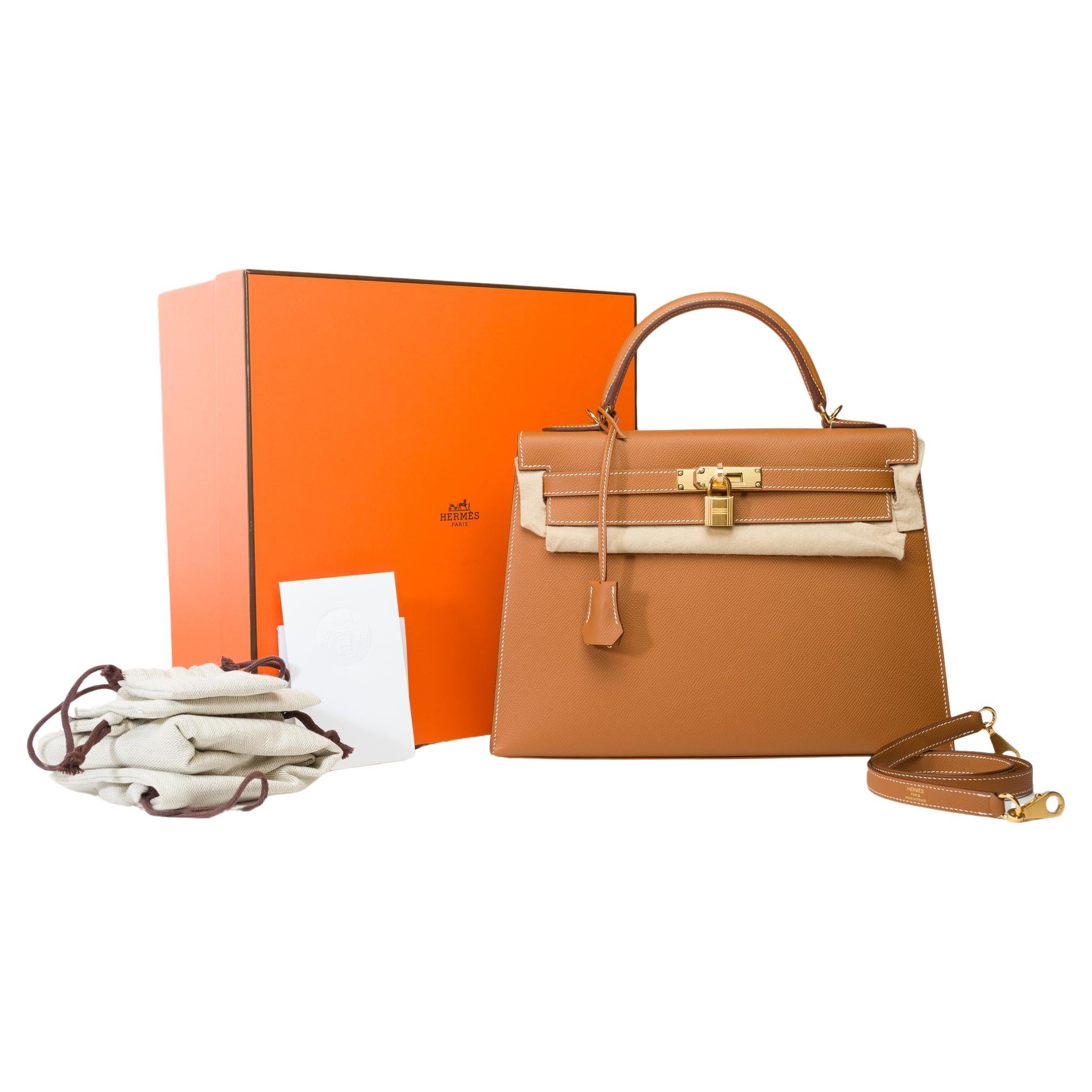 New Hermès Kelly 32 sellier handbag strap in Camel Epsom calf leather, GHW For Sale