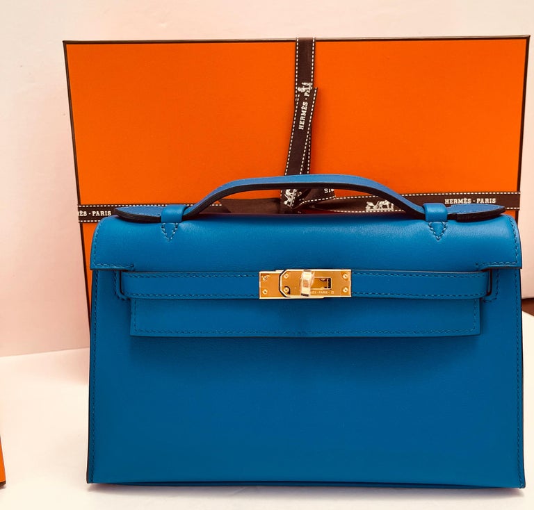 Hermes Blue Box Leather Palladium Hardware Kelly Pochette Bag Hermes