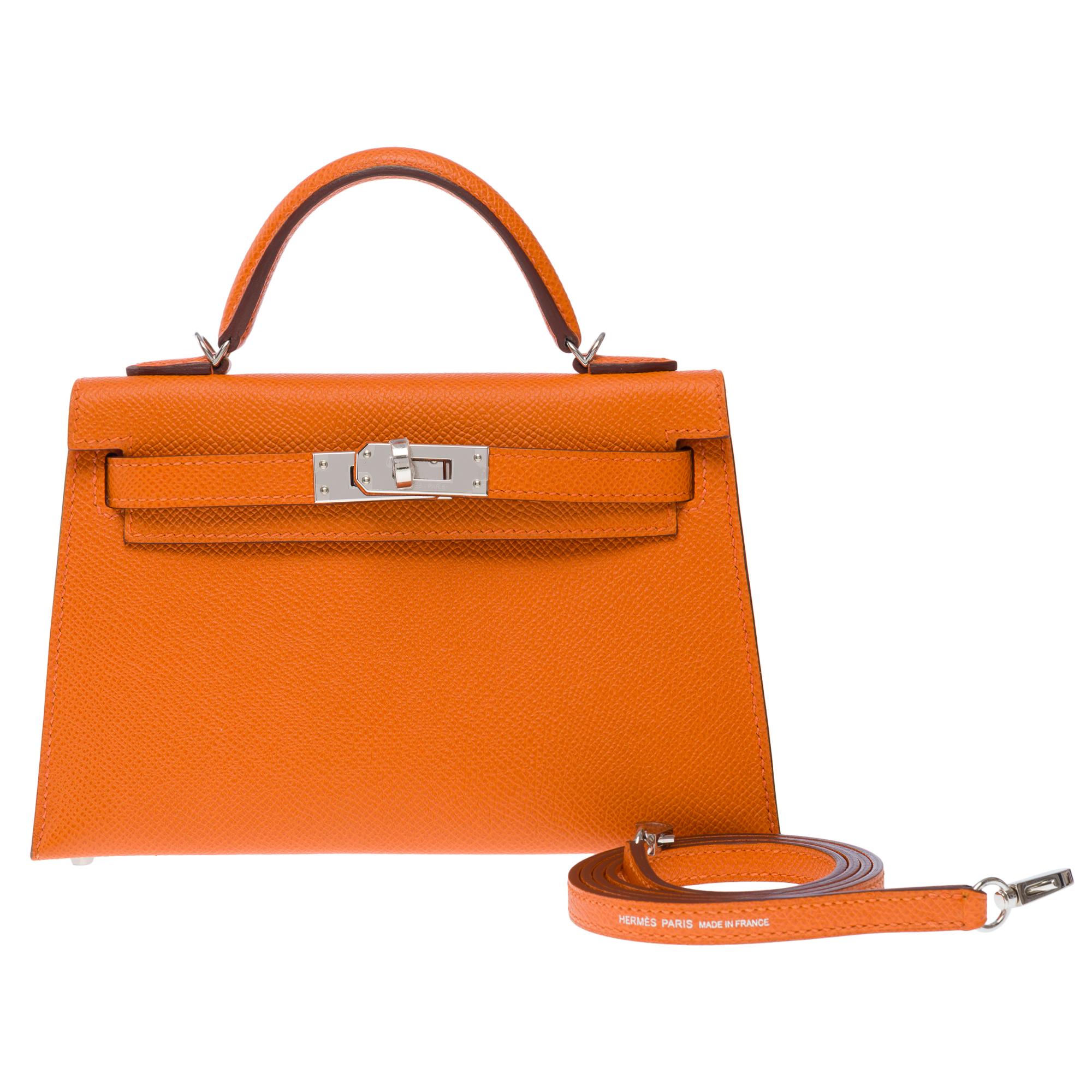 New Hermès Mini Kelly 20 handbag strap in Orange H Epsom Calf leather , PHW In New Condition For Sale In Paris, IDF