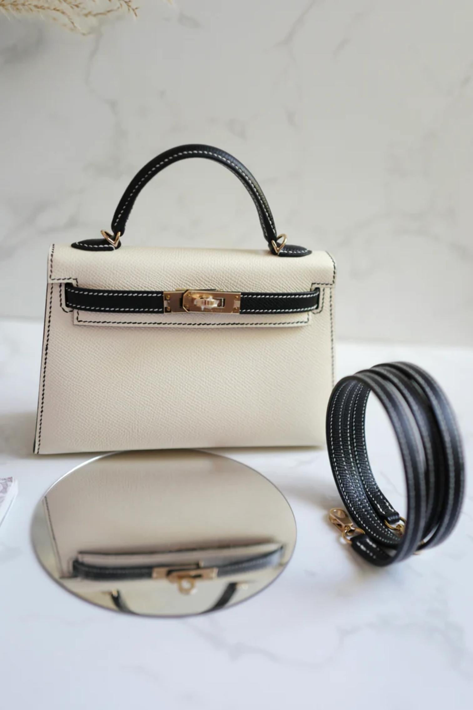 Nuovo Hermes Mini kelly 20 HSS Craie/Noir Nero Epsom Permabrass HW 2023 Completo in vendita 9