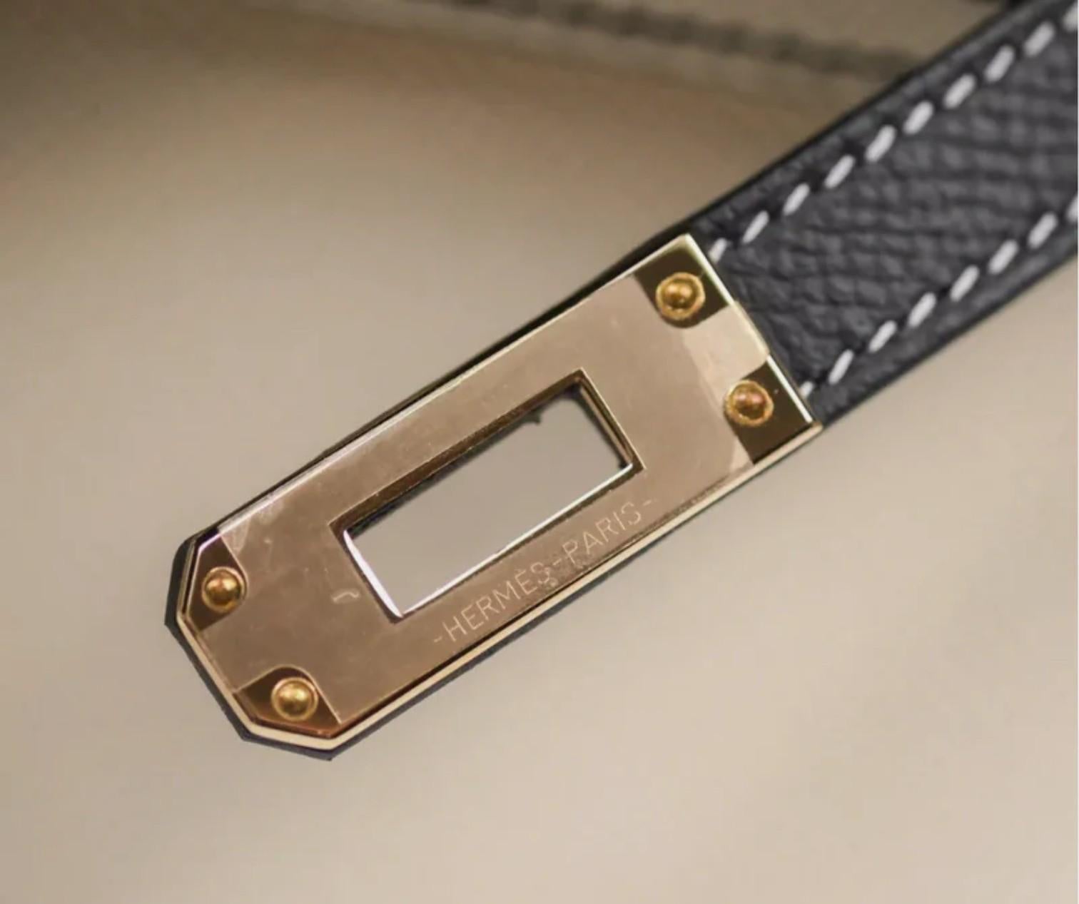 New Hermes Mini kelly 20 HSS Craie/Noir Black Epsom Permabrass HW 2023 Complete en vente 4