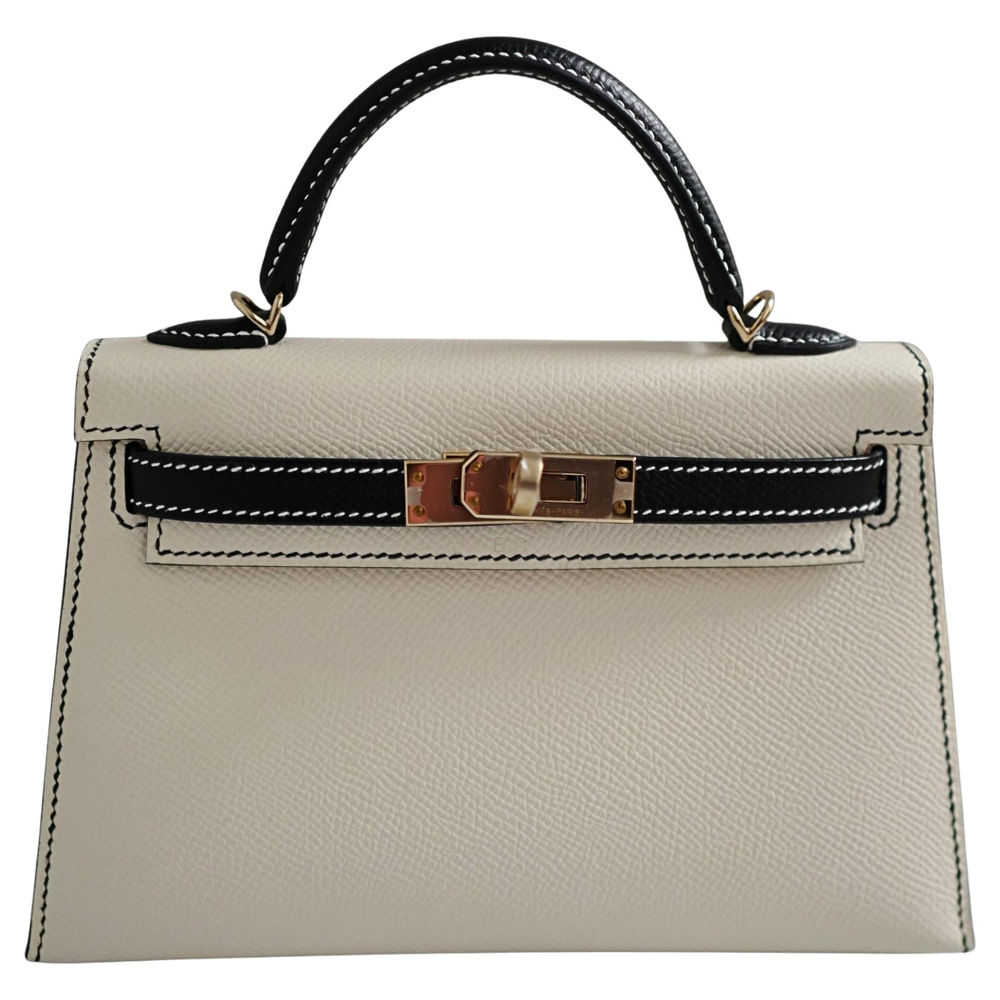Nuovo Hermes Mini kelly 20 HSS Craie/Noir Nero Epsom Permabrass HW 2023 Completo in vendita