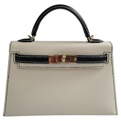 New Hermes Mini kelly 20 HSS Craie/Noir Black Epsom Permabrass HW 2023 Complete