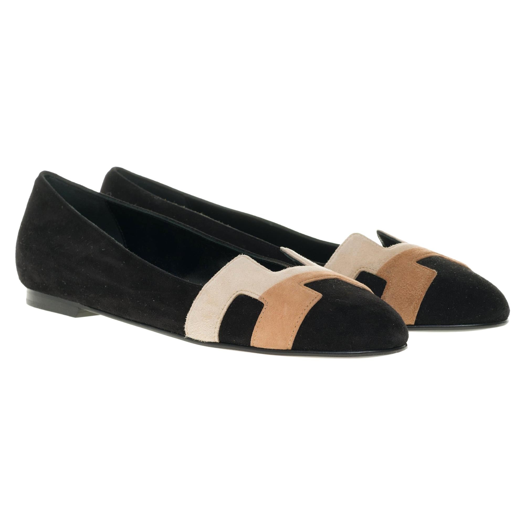 NEW Hermès Nice Flat shoes in black, beige and brown suede, size 37,5 at  1stDibs