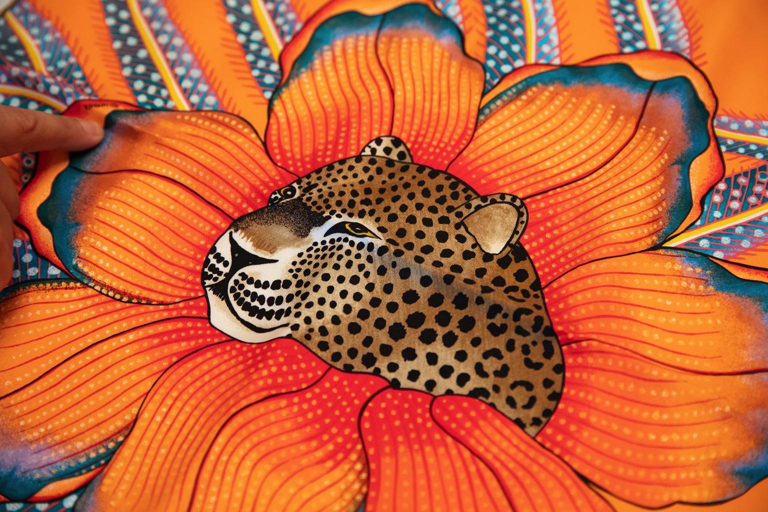 Hermès orange silk baobab gavroche scarf. Hand-rolled edges. New in box.