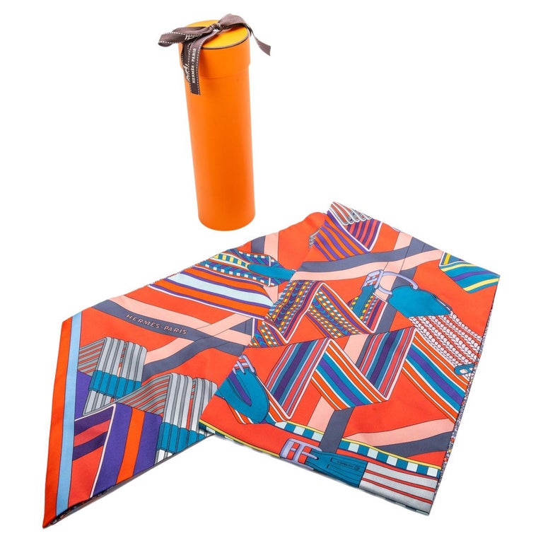 New Hermès Orange Blue Geometric Maxi Twilly For Sale