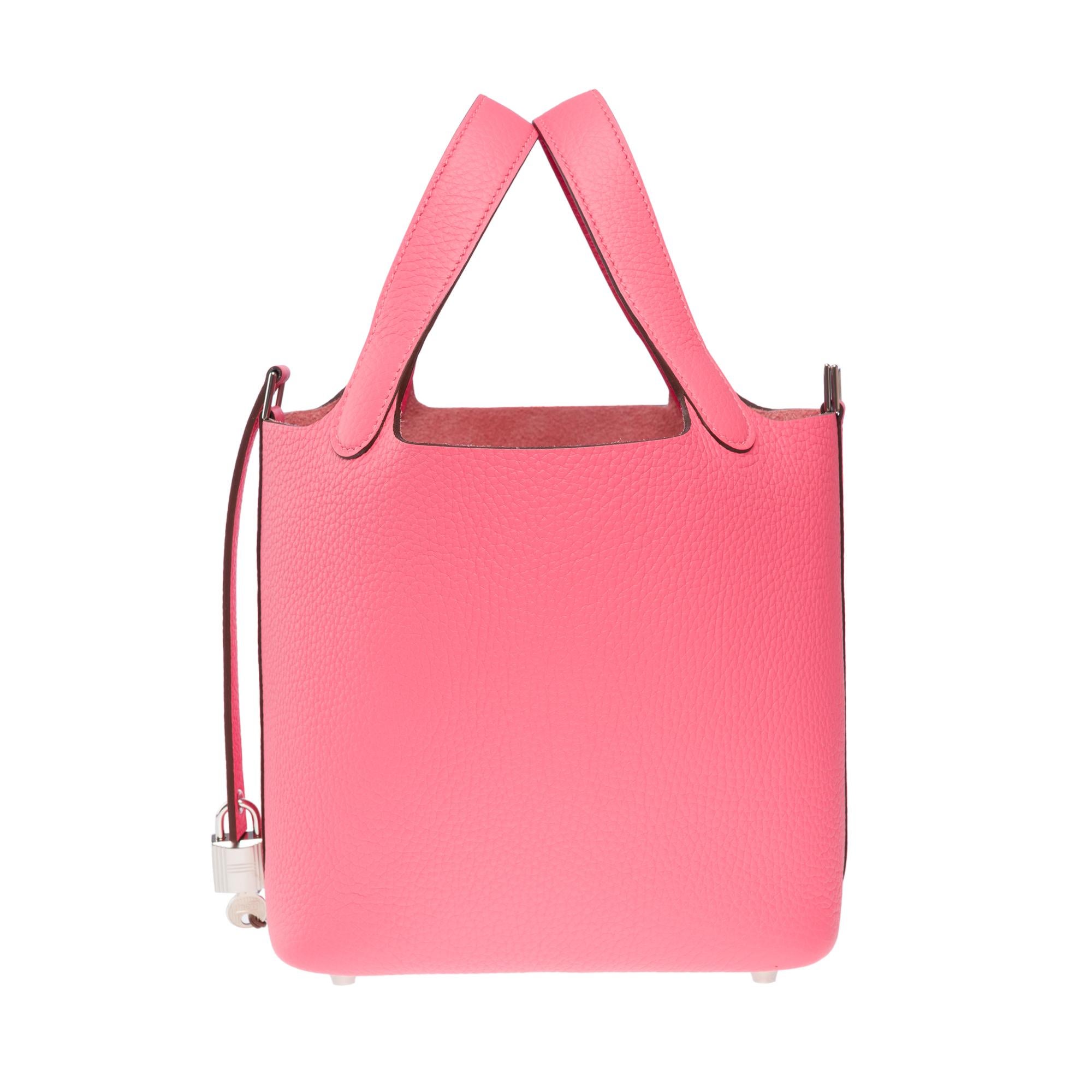 Orange New Hermes Picotin Lock 18 handbag in Rose Azalée Clemence leather , PHW