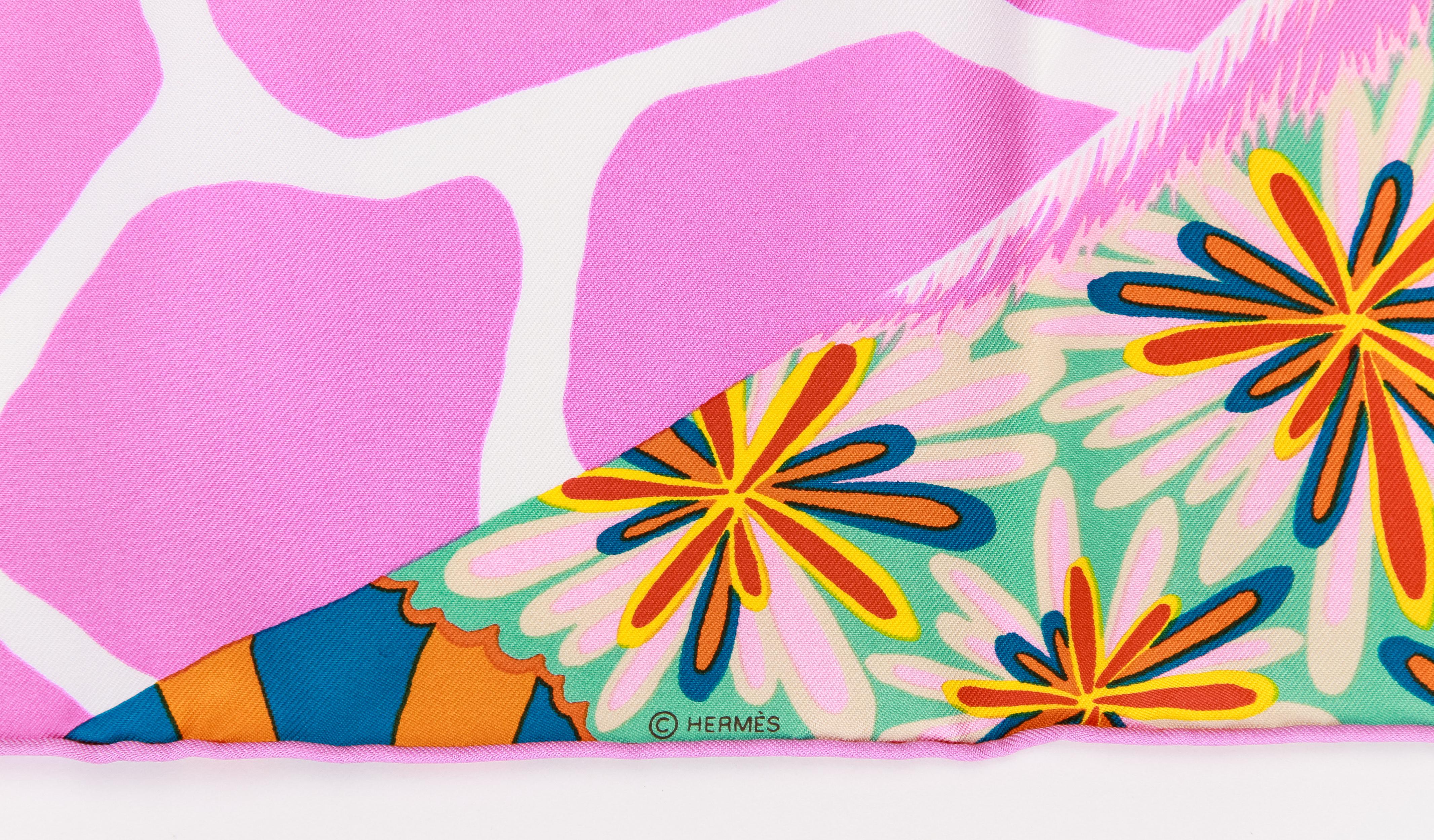 Hermès pink-and-blue giraffe silk gavroche scarf. Hand-rolled edges. New in box.
16