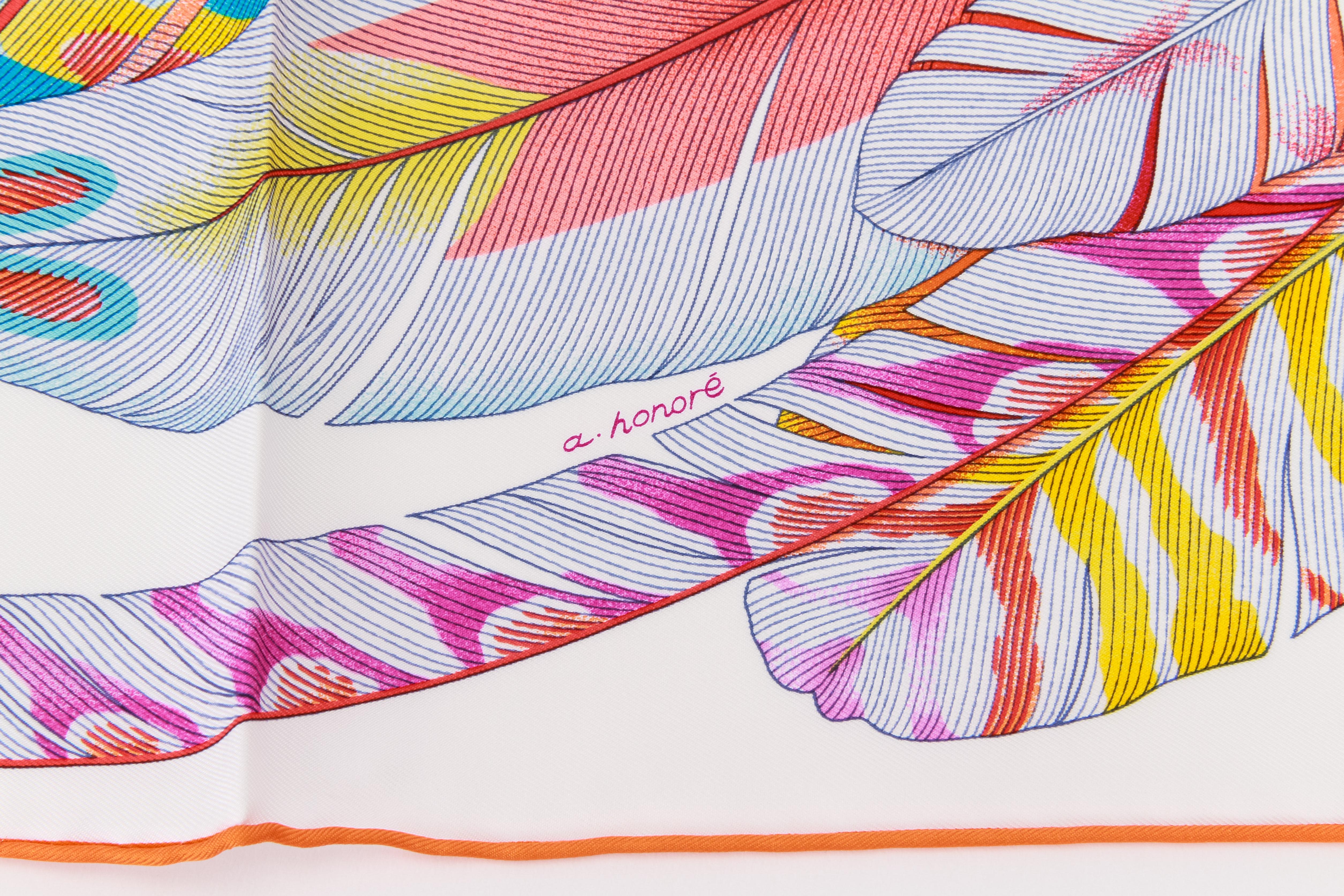 Hermes brand new in box white and pink silk scarf with feathers design. Hand rolled edges. Comes with original box.