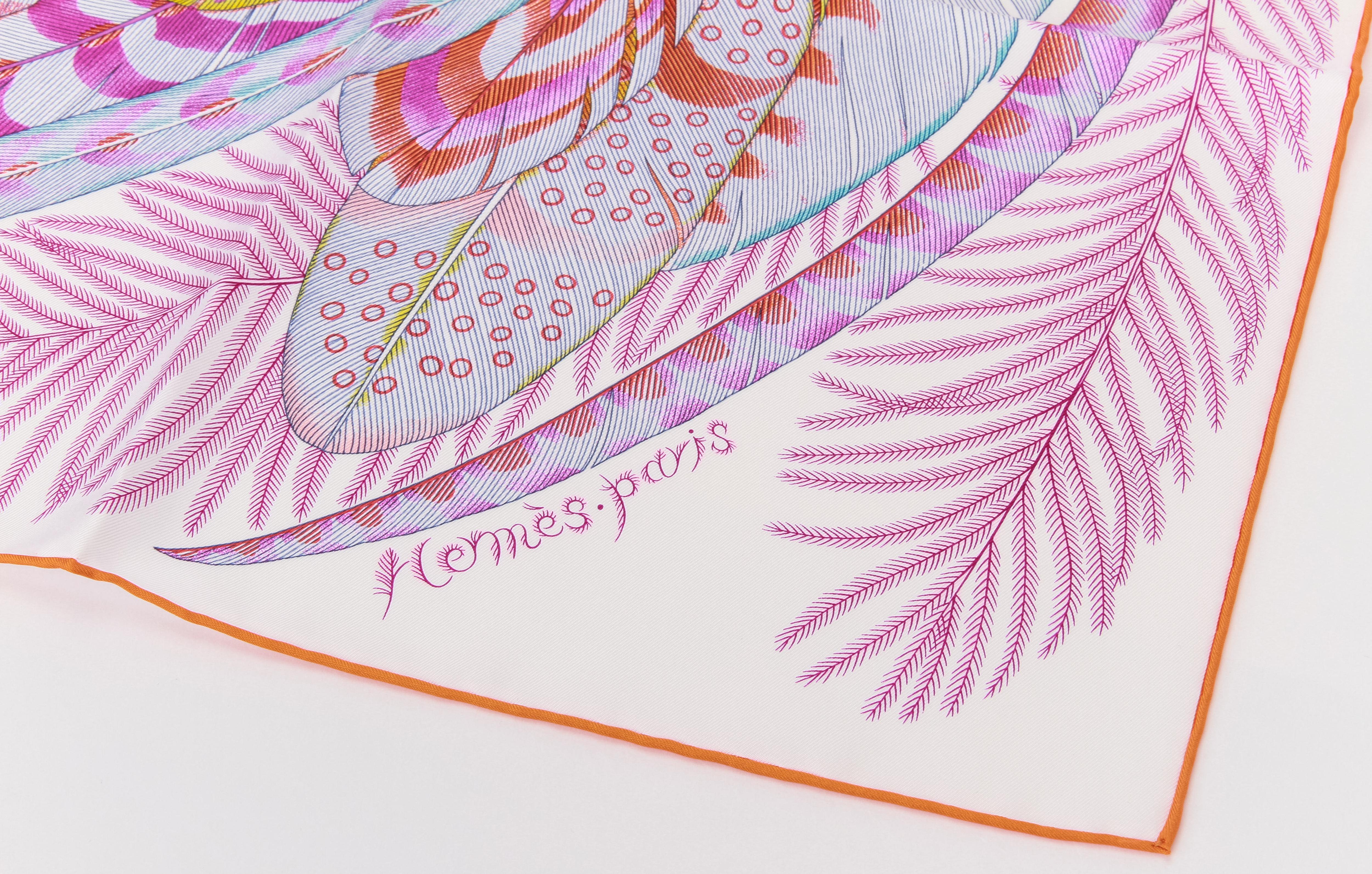 New Hermes Pink White Feather Silk Scarf in Box In New Condition In West Hollywood, CA