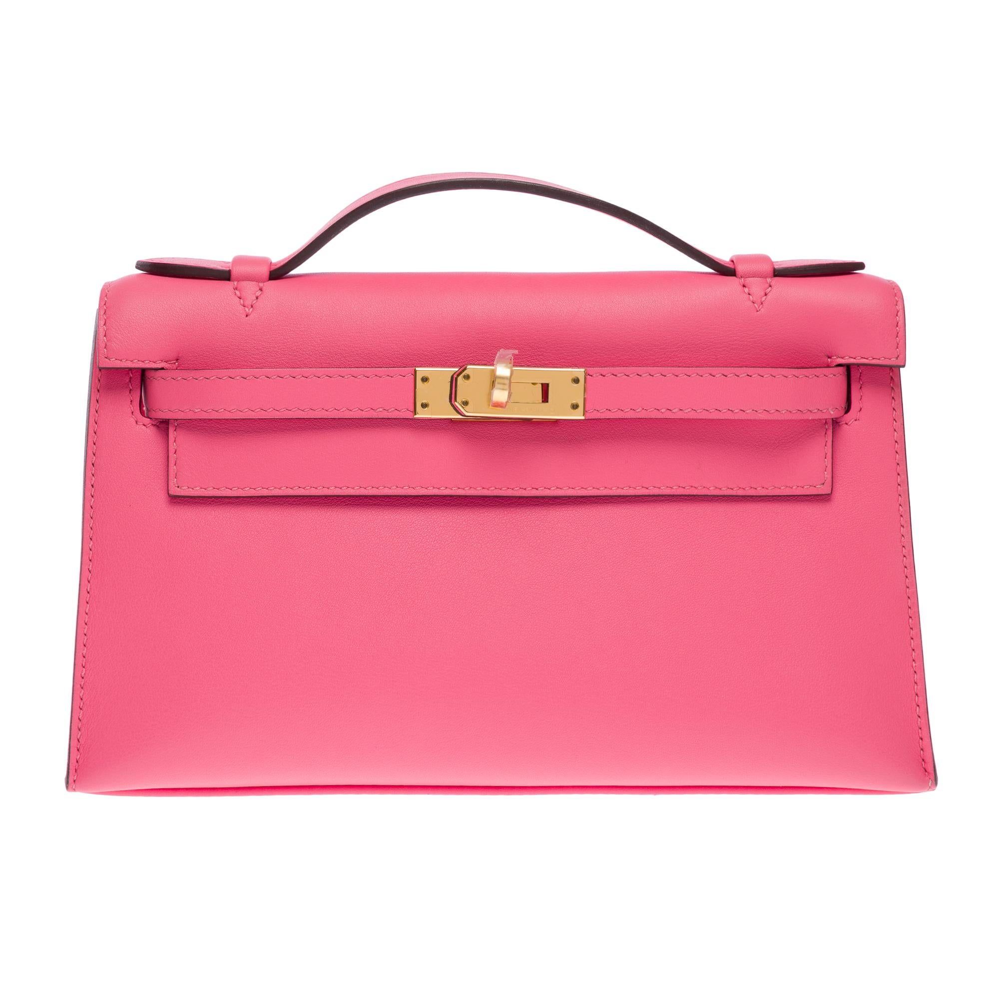 Orange New Hermès Pochette Kelly Mini handbag in Swift Rose Azalee Pink calfskin, GHW