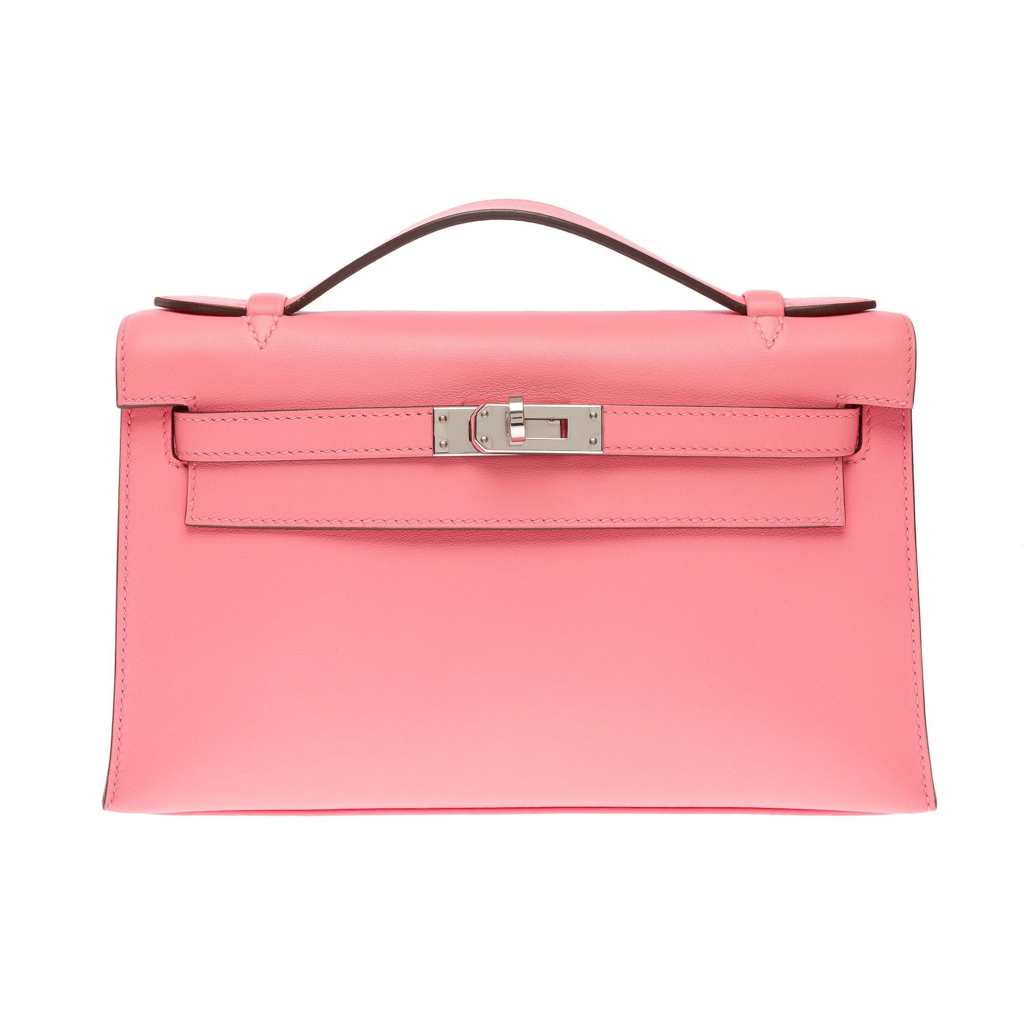 New Hermès Pochette Kelly Mini handbag in Swift Rose Azalee Pink calfskin, PHW In New Condition In Paris, IDF