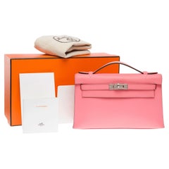 Nuova borsa Hermès Pochette Kelly Mini in pelle di vitello Swift Rose Azalee Pink, PHW