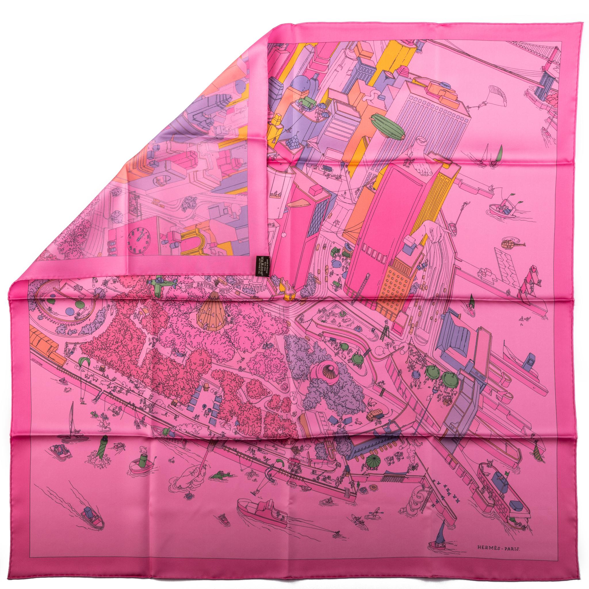 Hermès collectible Ugo Gattoni NY pink silk scarf . Hand-rolled edges. New in box.