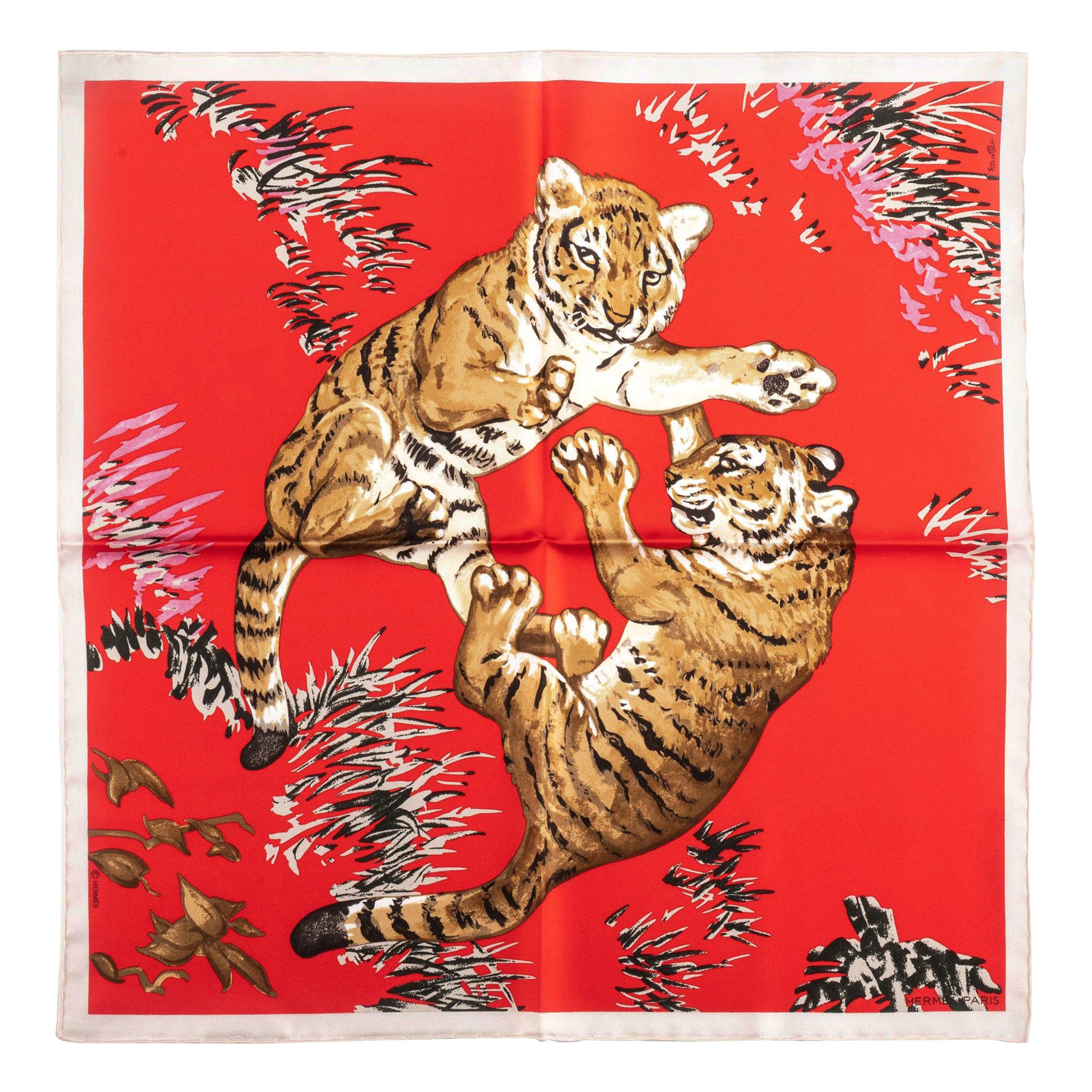 Nuovo Hermes Sciarpa Gavroche in seta con cuccioli di tigre rossa