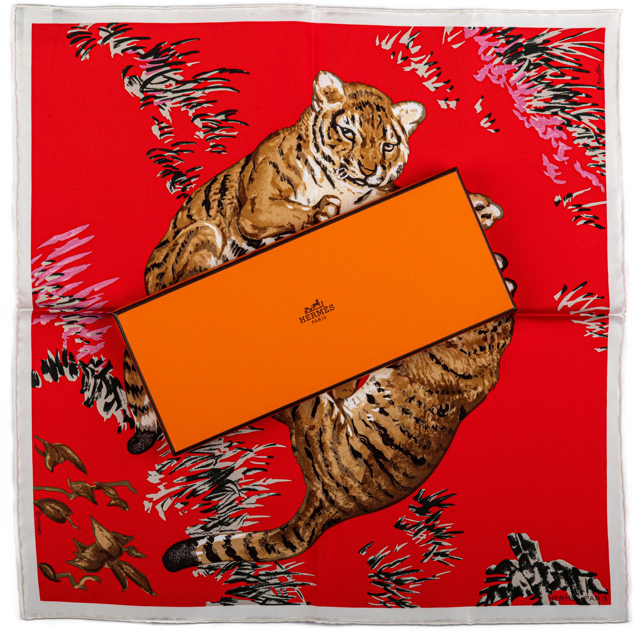 Hermès silk Tiger Cubs gavroche scarf in red. Hand-rolled edges. New in box.