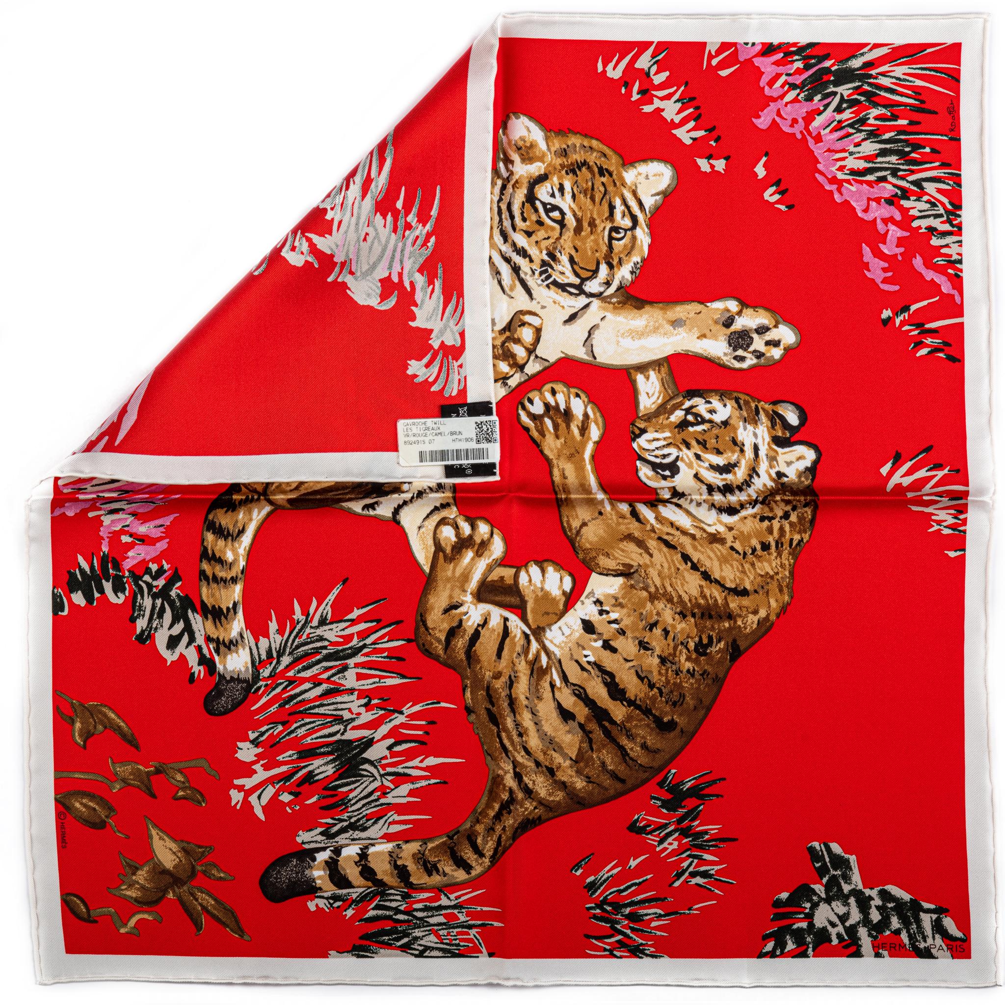 New Hermès Red Tiger Cubs Silk Gavroche Scarf in Box In New Condition For Sale In West Hollywood, CA