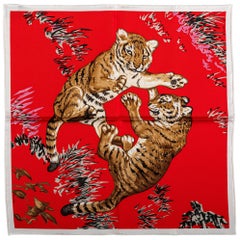 New Hermès Red Tiger Cubs Silk Gavroche Scarf in Box