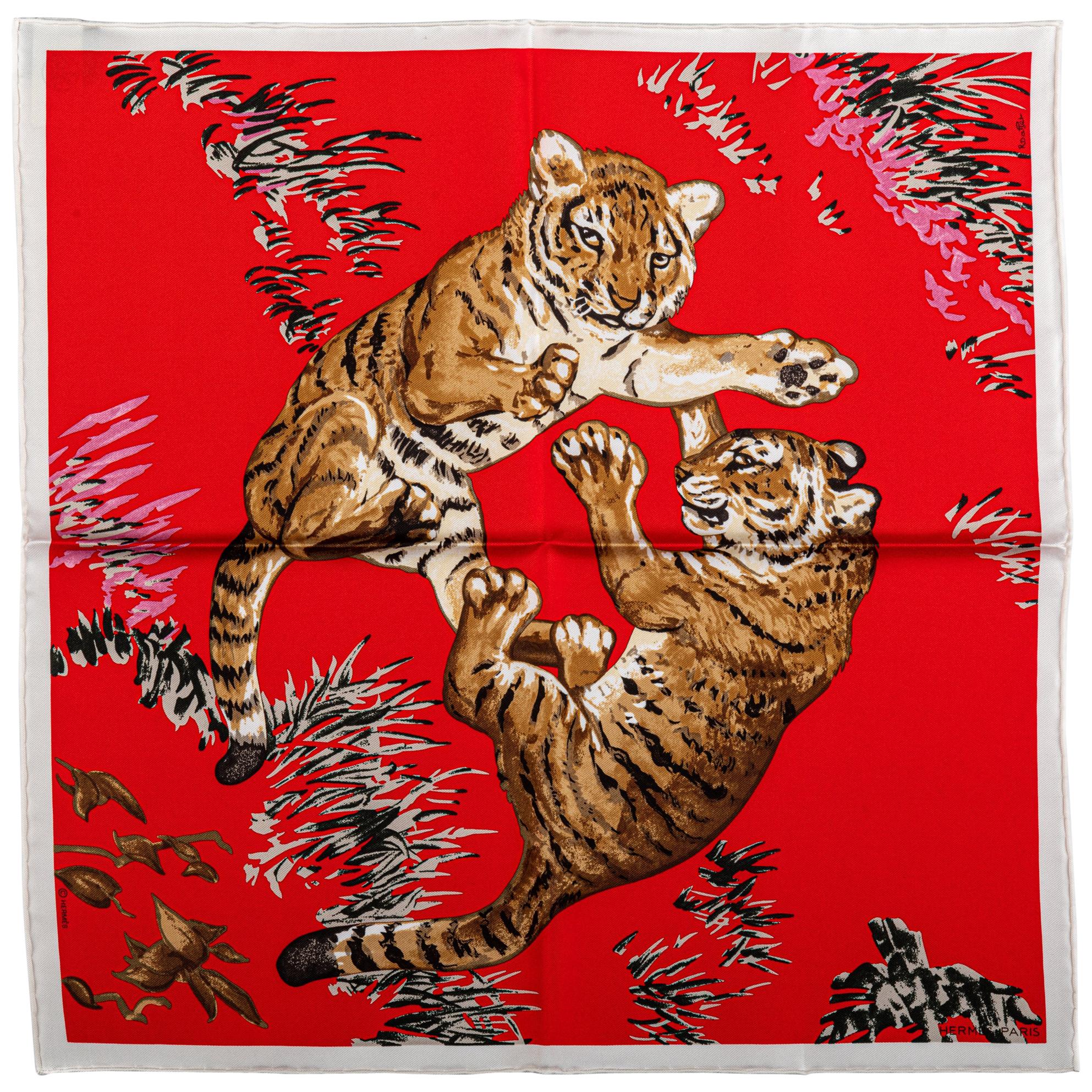 New Hermès Red Tiger Cubs Silk Gavroche Scarf in Box For Sale