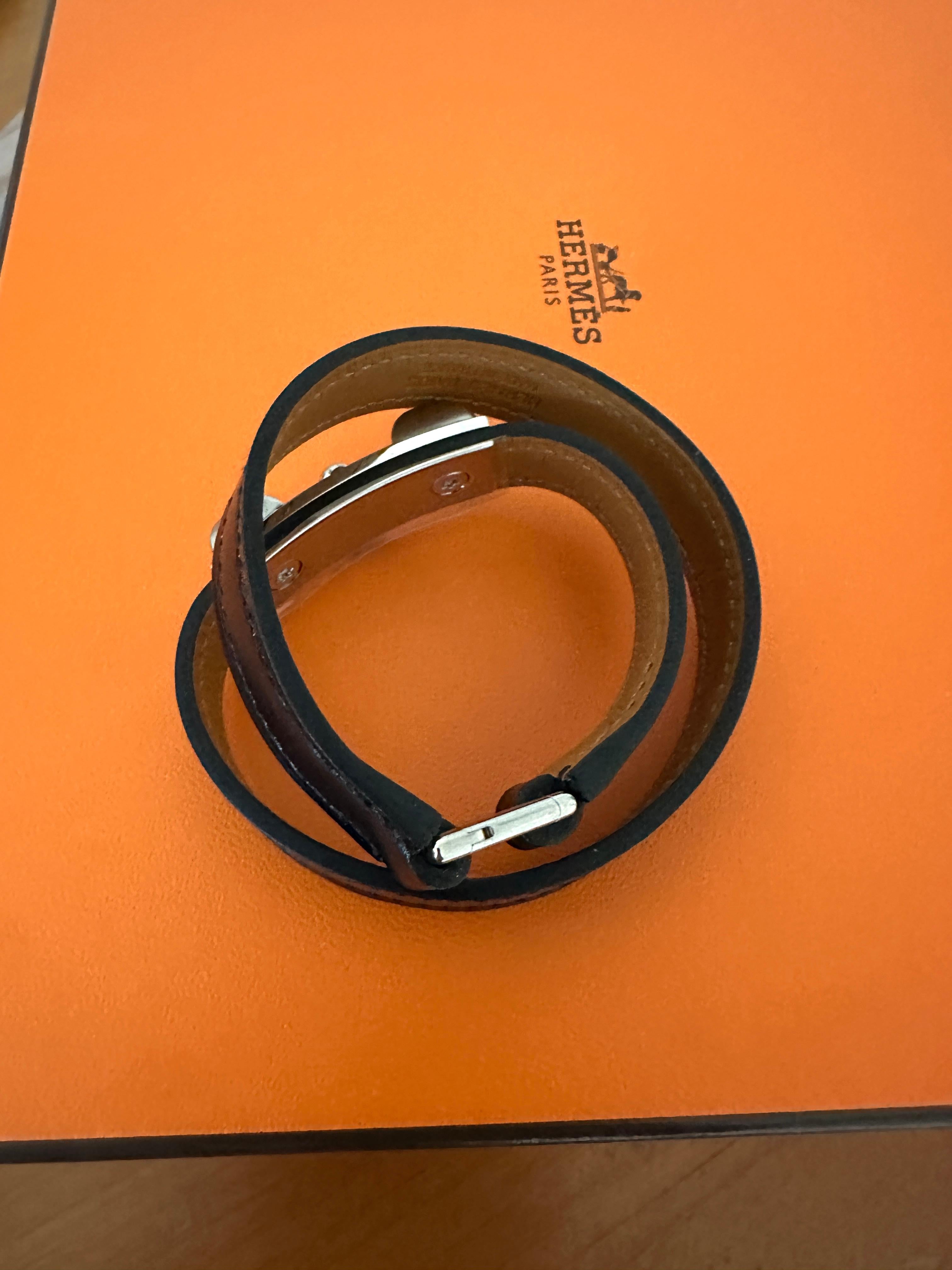Women's or Men's New Hermes Rivale Leather Bracelet Double Tour Black Silver