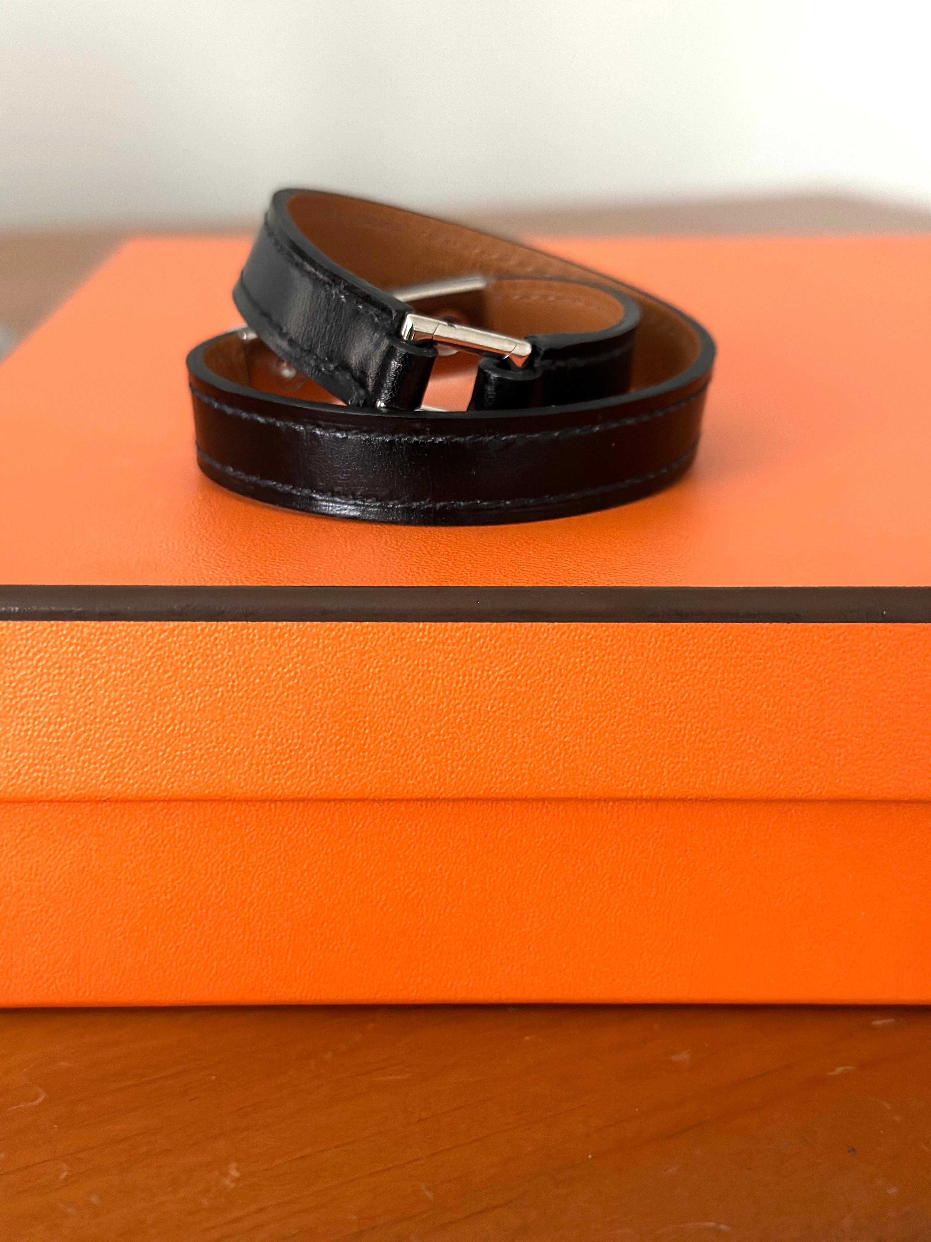 New Hermes Rivale Leather Bracelet Double Tour Black Silver 1