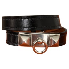 New Hermes Rivale Leather Bracelet Double Tour Black Silver