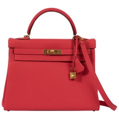 New Hermès Rouge Pivoine Togo 32cm Kelly Bag in Box