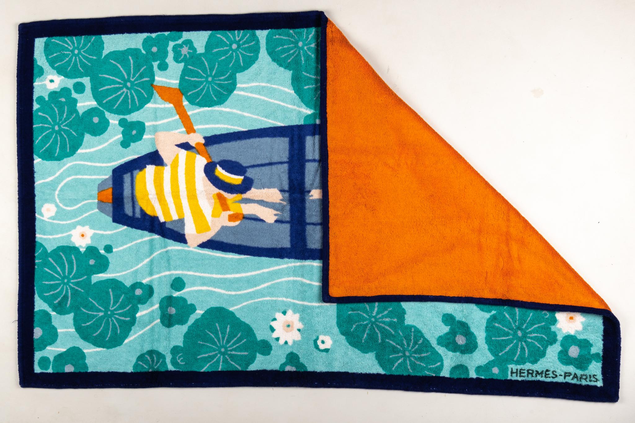 Hermes very collectible beach towel. 100% cotton terry cloth with rowing boat design. New , never used
