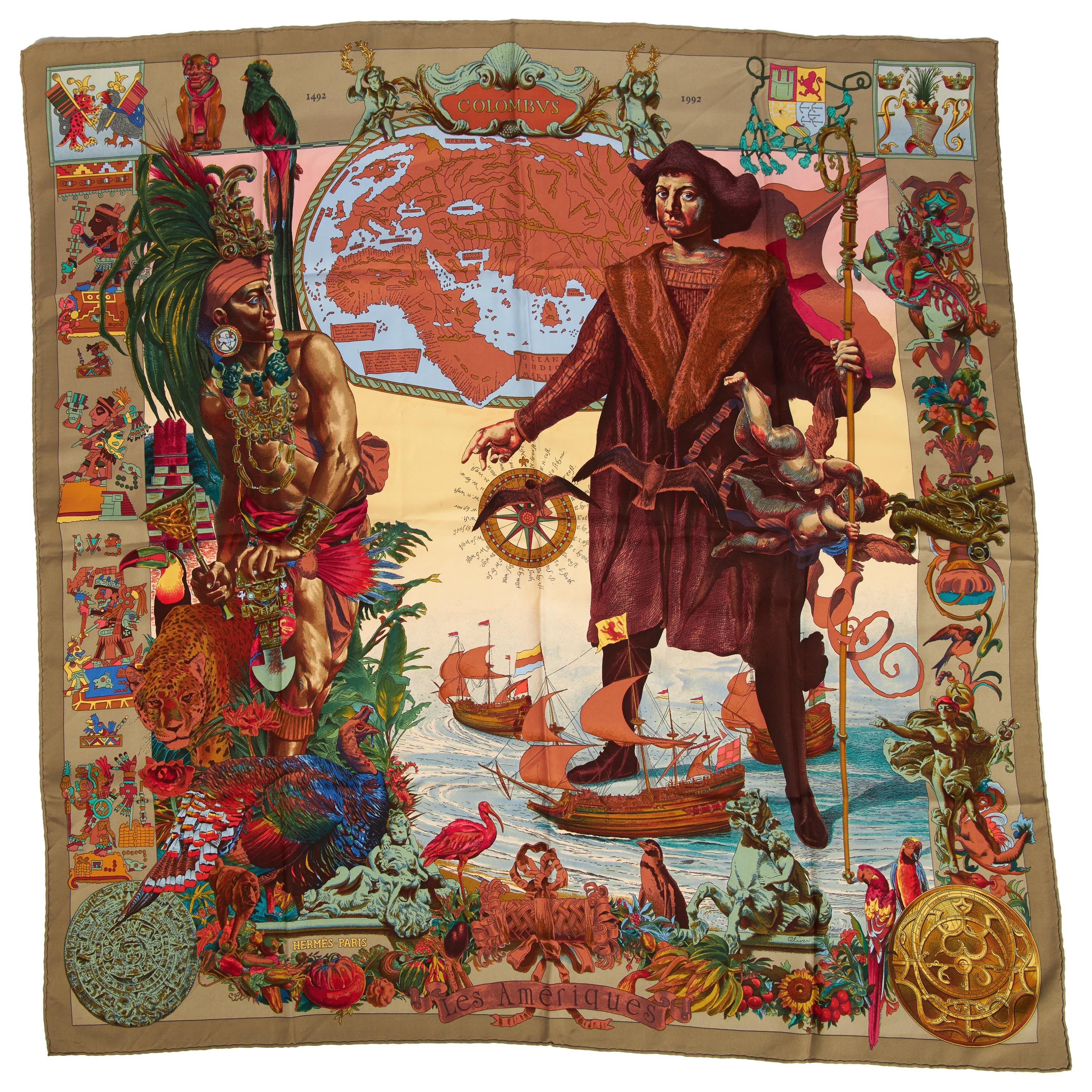 New Hermes Silk Colombus Taupe Orange Scarf
