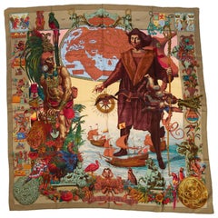 New Hermes Silk Colombus Taupe Orange Scarf