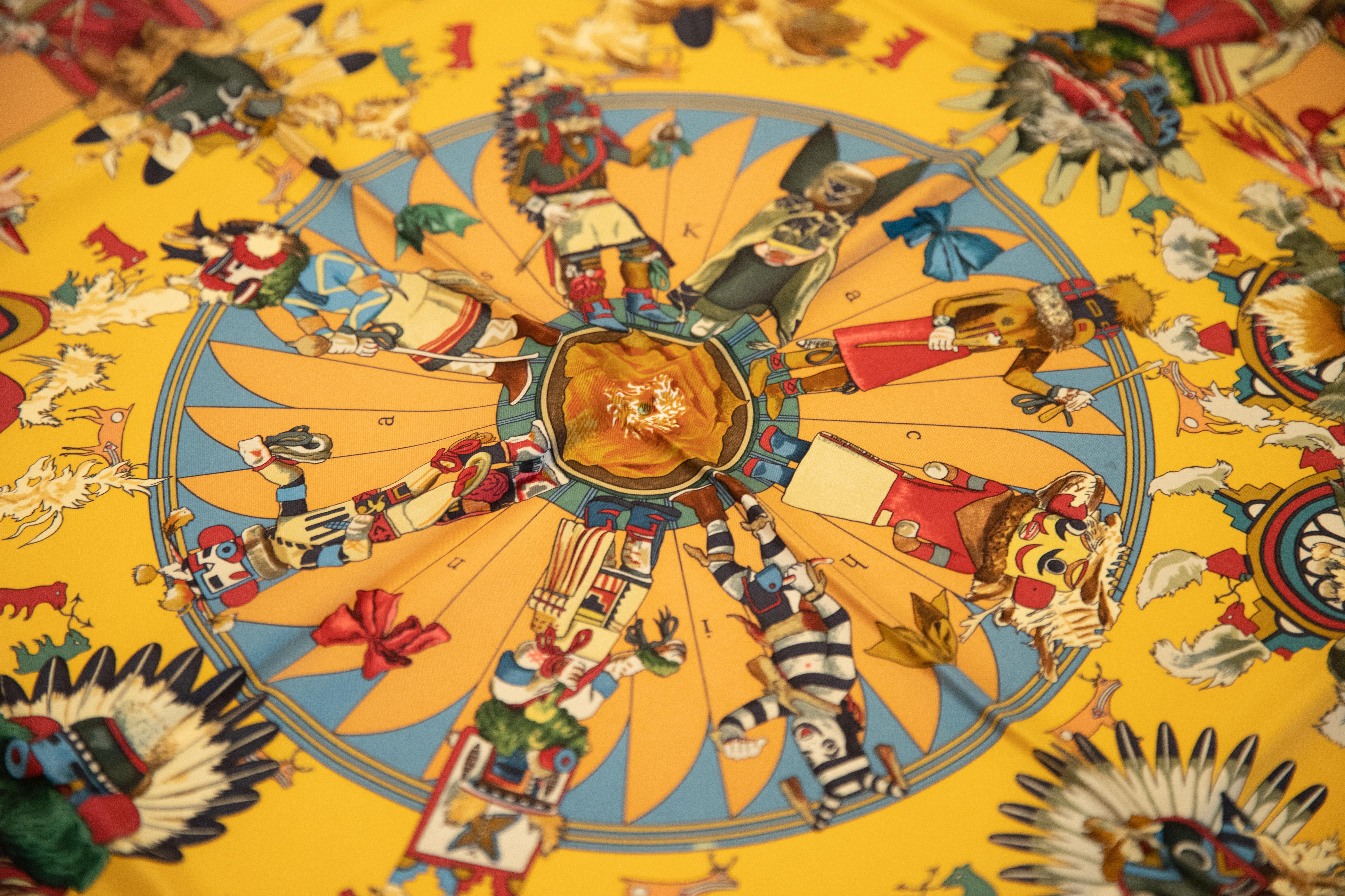 Brown New Hermes Silk Kachinas Blue Yellow Scarf For Sale