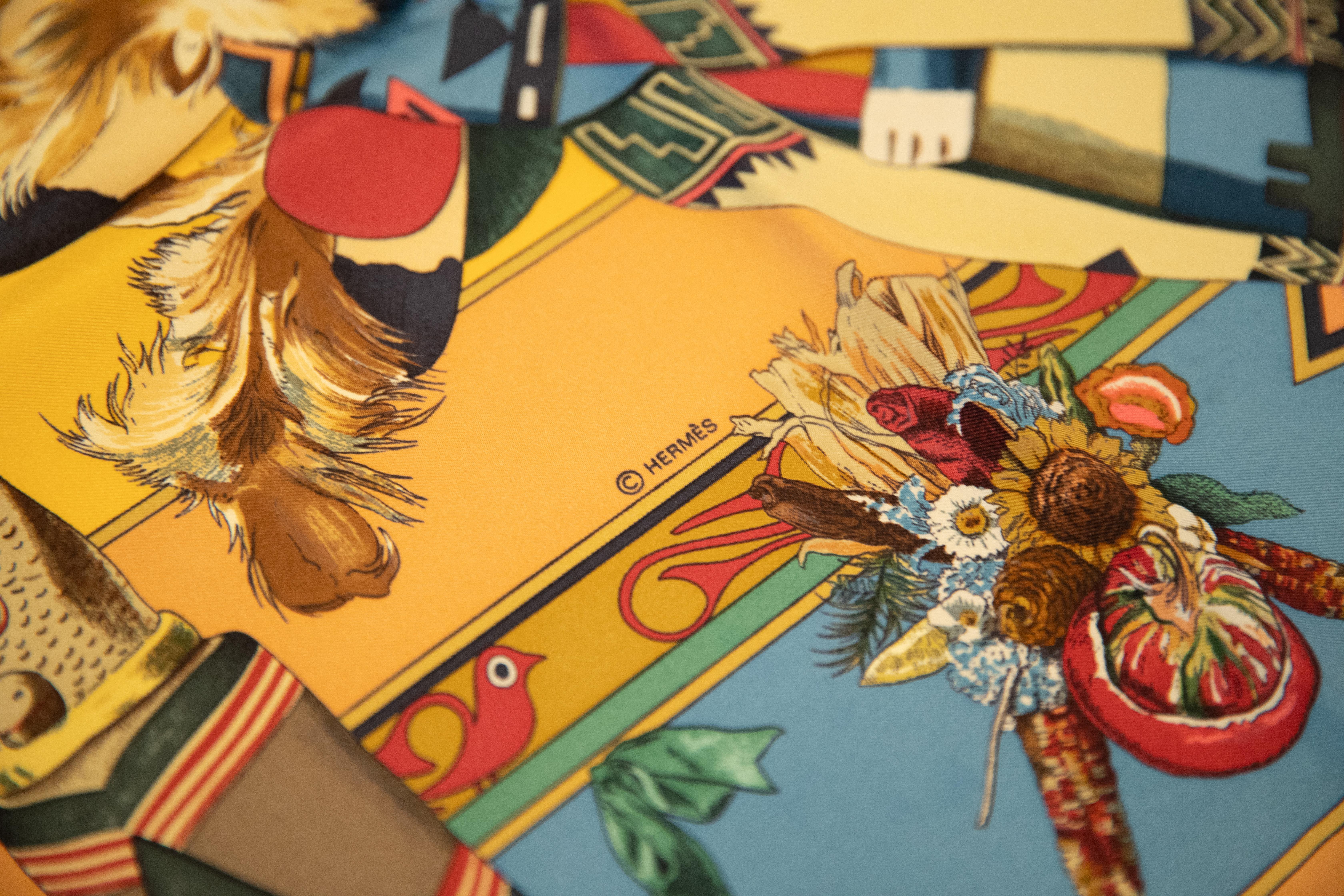 New Hermes Silk Kachinas Blue Yellow Scarf In New Condition For Sale In West Hollywood, CA