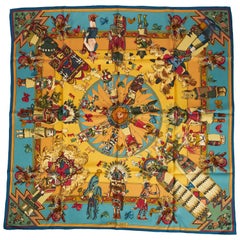 New Hermes Silk Kachinas Blue Yellow Scarf
