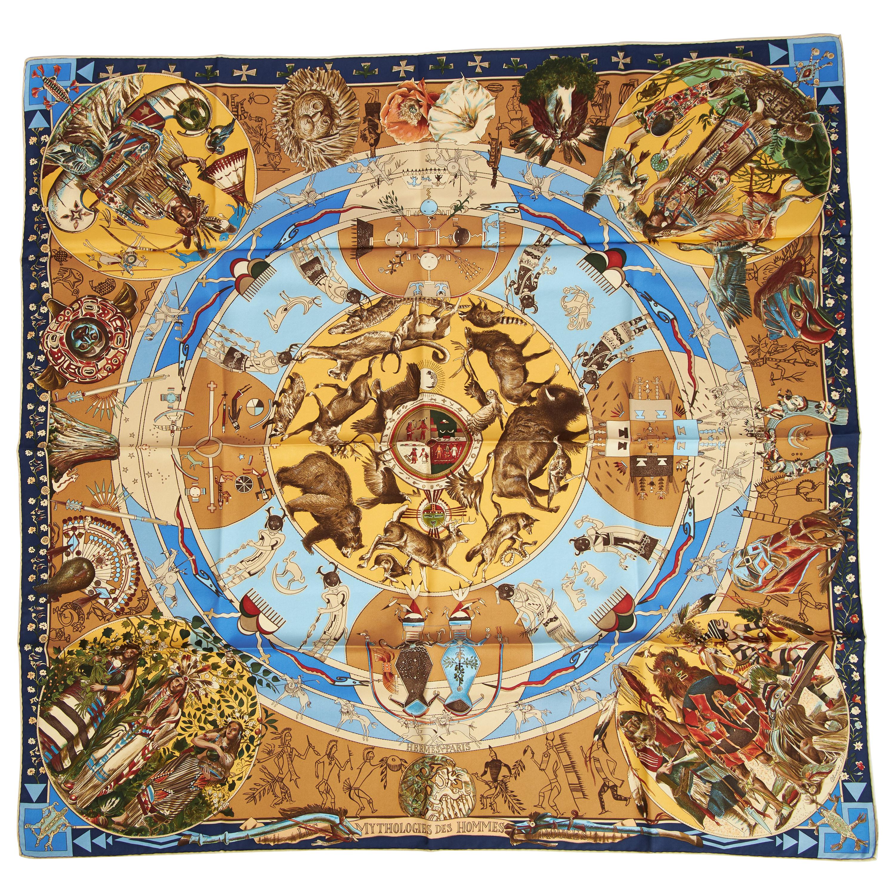 New Hermes Silk Mythologies Blue Brown Scarf For Sale