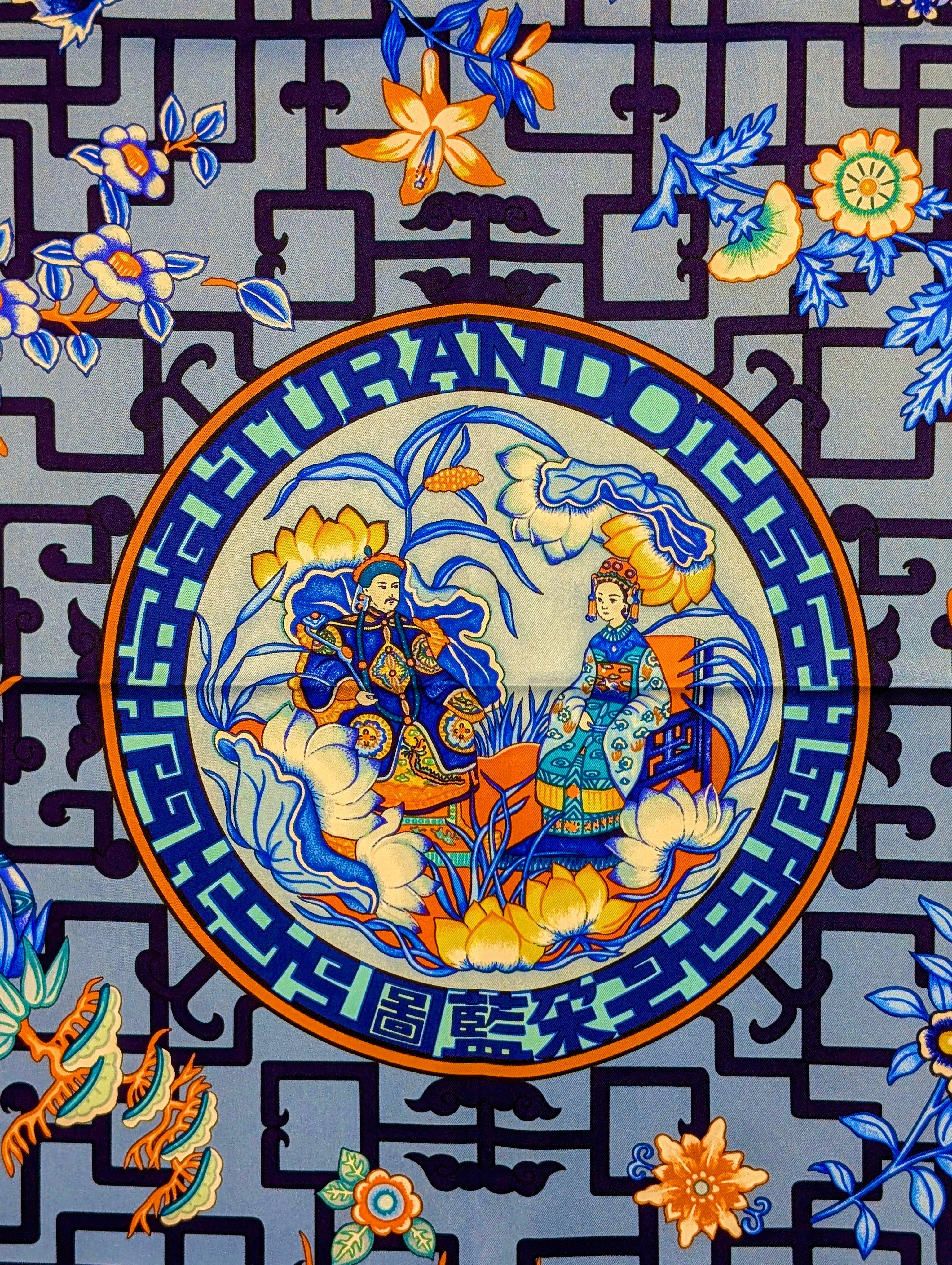 HERMÈS 
TITLE: Turandot 
100% twill silk
Designed by Natsuno Hidaka -Fall 2002
Measures approx. 36