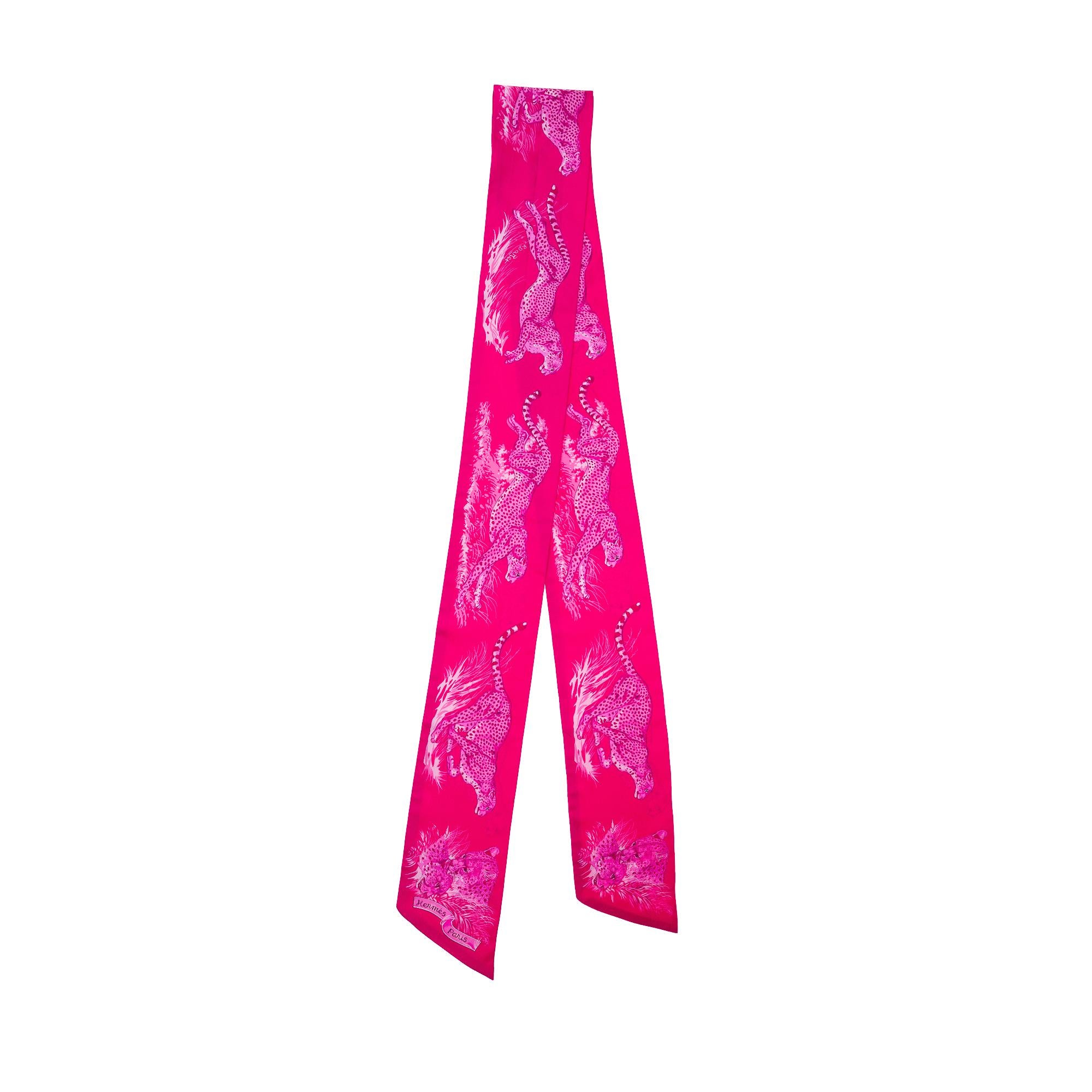 Women's or Men's New Hermès Slim Guepards Maxi-Twilly in Pink Silk For Sale