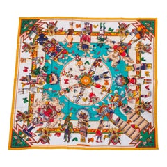 New Hermes Teal Cashmere 55" Kachinas Shawl Scarf by Kermit Oliver in Box