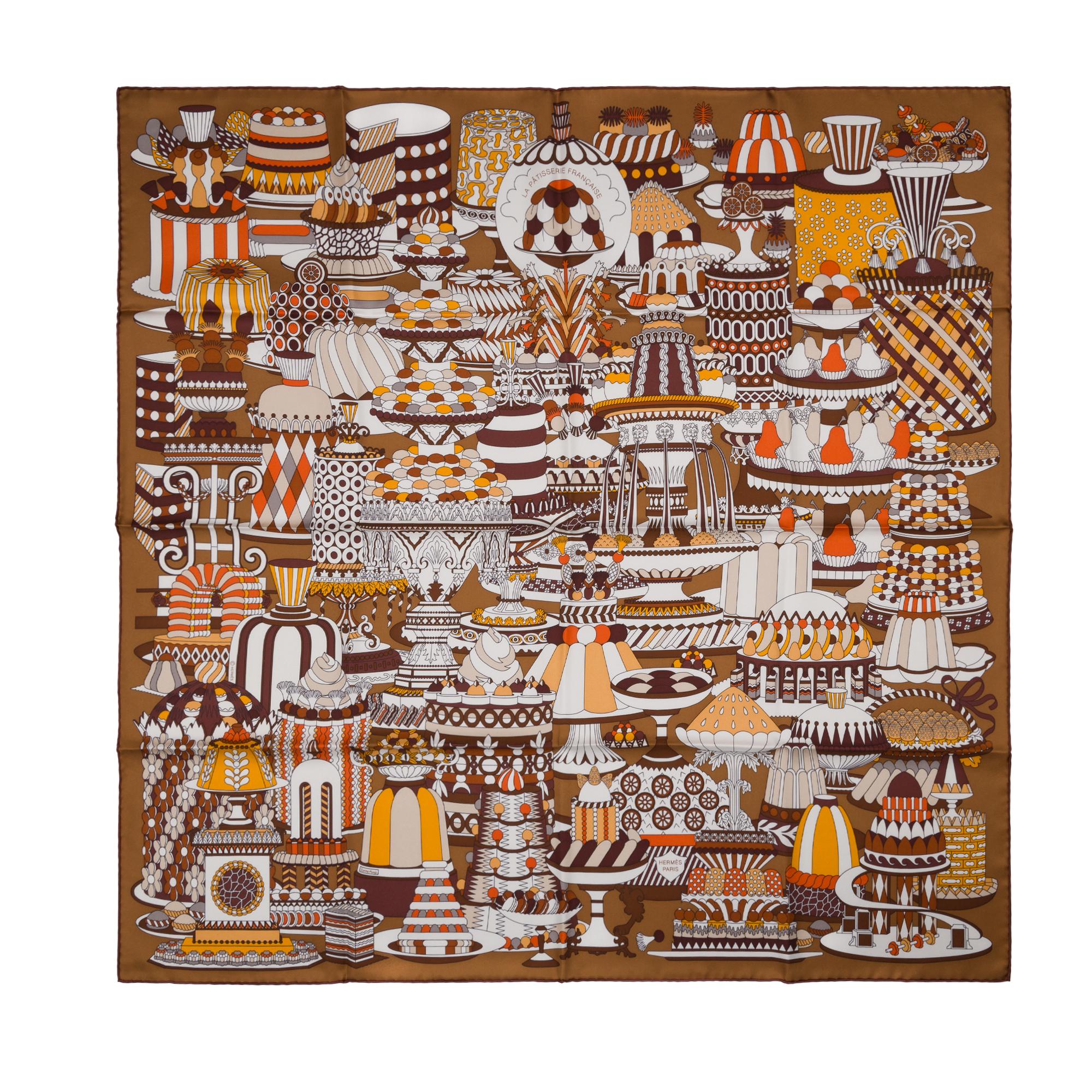 Brown New Hermès The Gavroche «La Pâtisserie Française» scarf 90 in silk