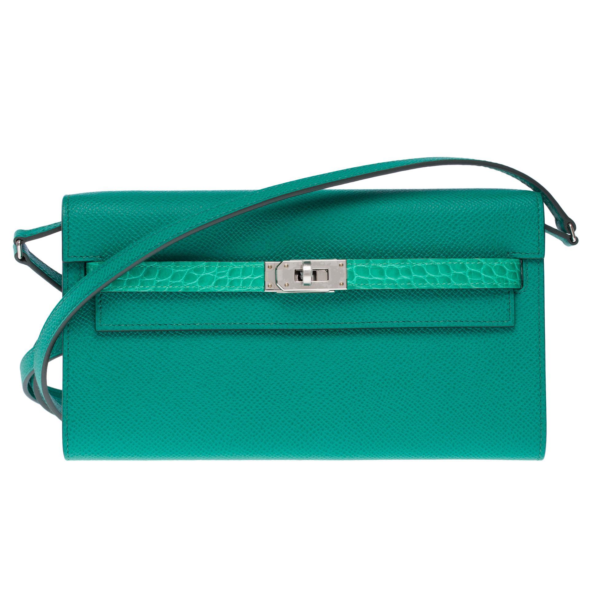 New Hermès Touch Kelly Wallet To Go Vert Jade Epsom und glänzendes Alligator, PHW (Orange) im Angebot