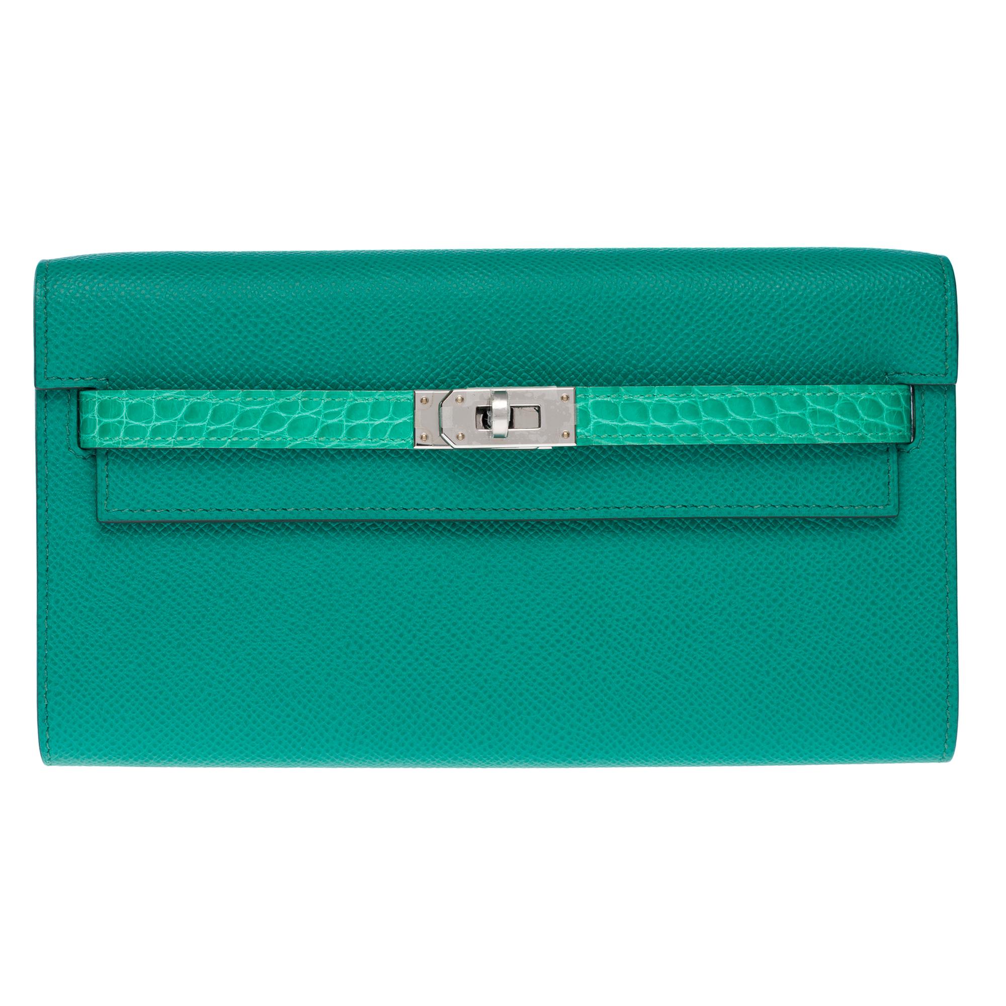 New Hermès Touch Kelly Wallet To Go Vert Jade Epsom und glänzendes Alligator, PHW im Zustand „Neu“ im Angebot in Paris, IDF