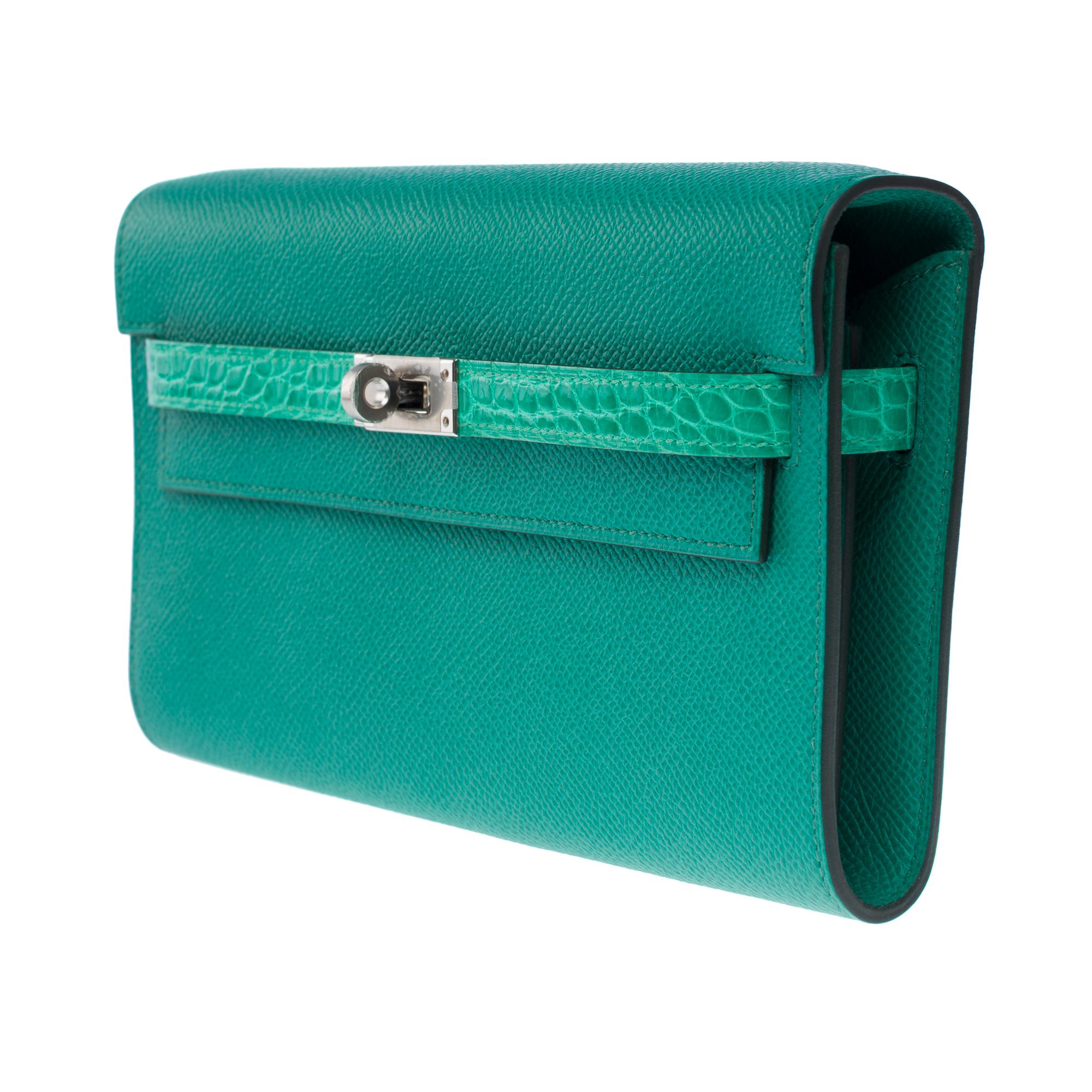 New Hermès Touch Kelly Wallet To Go Vert Jade Epsom und glänzendes Alligator, PHW im Angebot 1