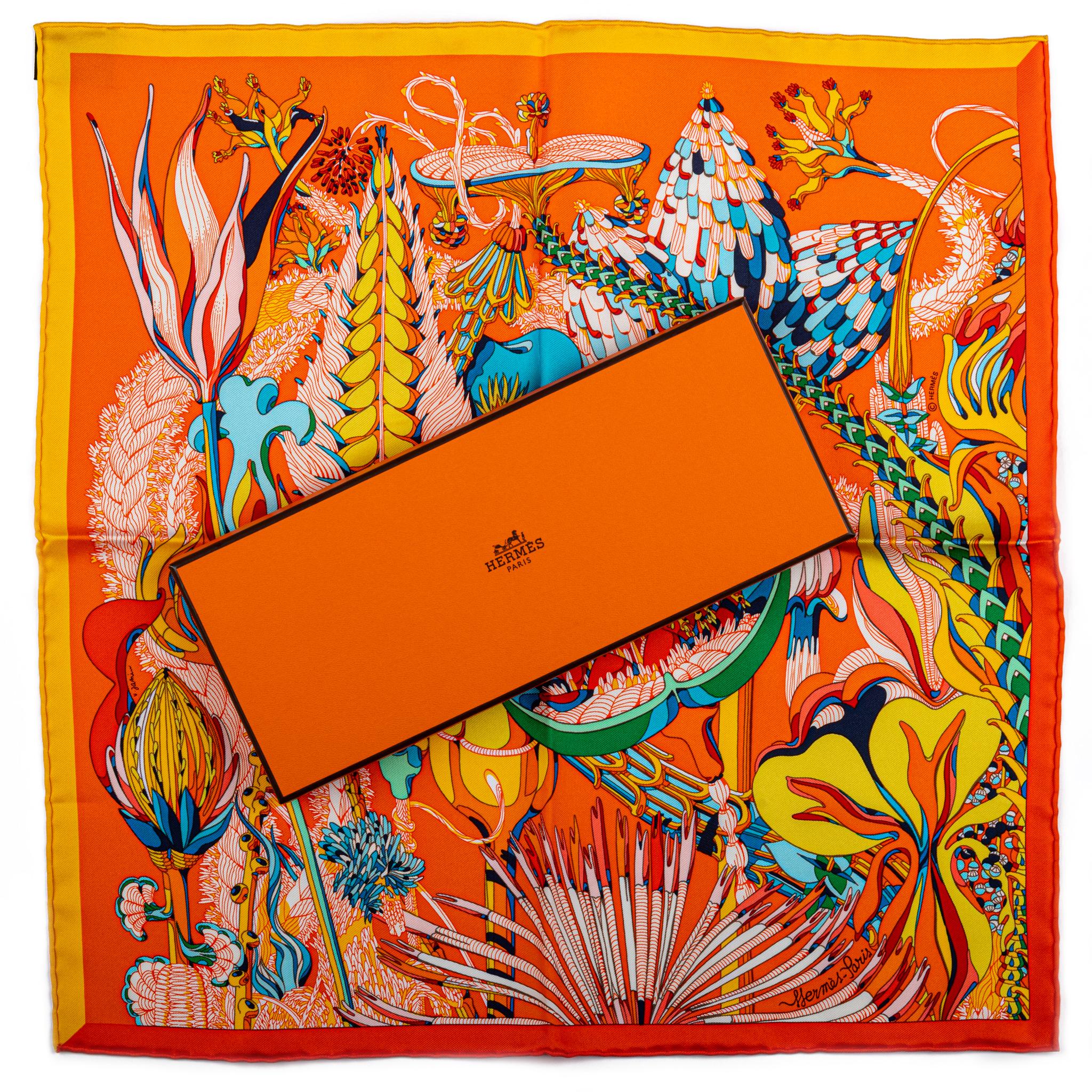 Hermes tropical flowers silk gavroche scarf in orange. Brand new with original box.