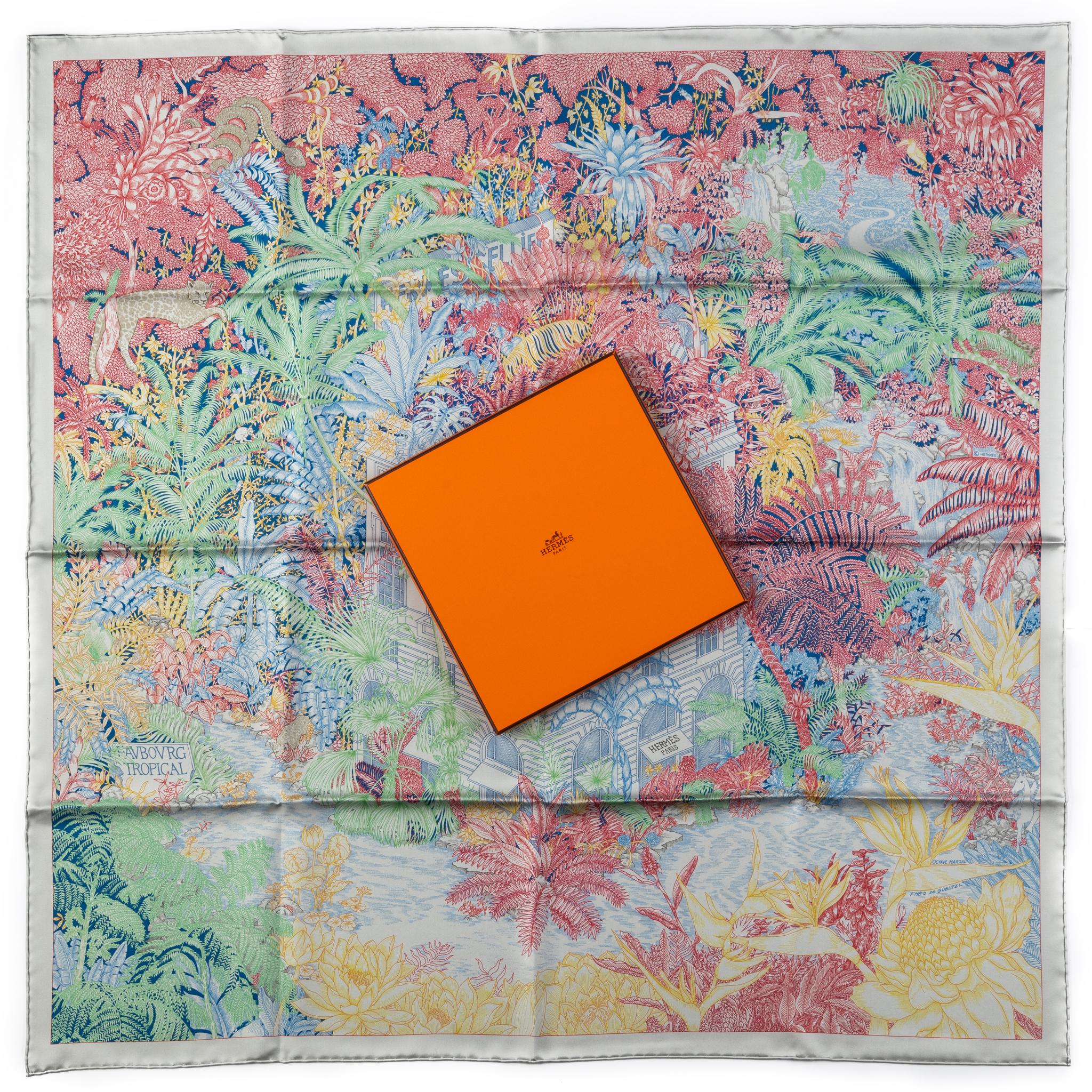 Hermès collectible tropical garden multicolor silk scarf. Hand-rolled edges. New in box.
