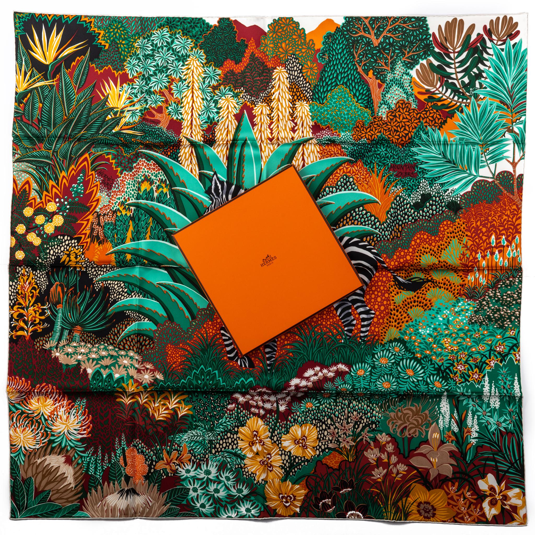 Hermès collectible silk tropical zebra orange and green. Hand-rolled edges. New in box.